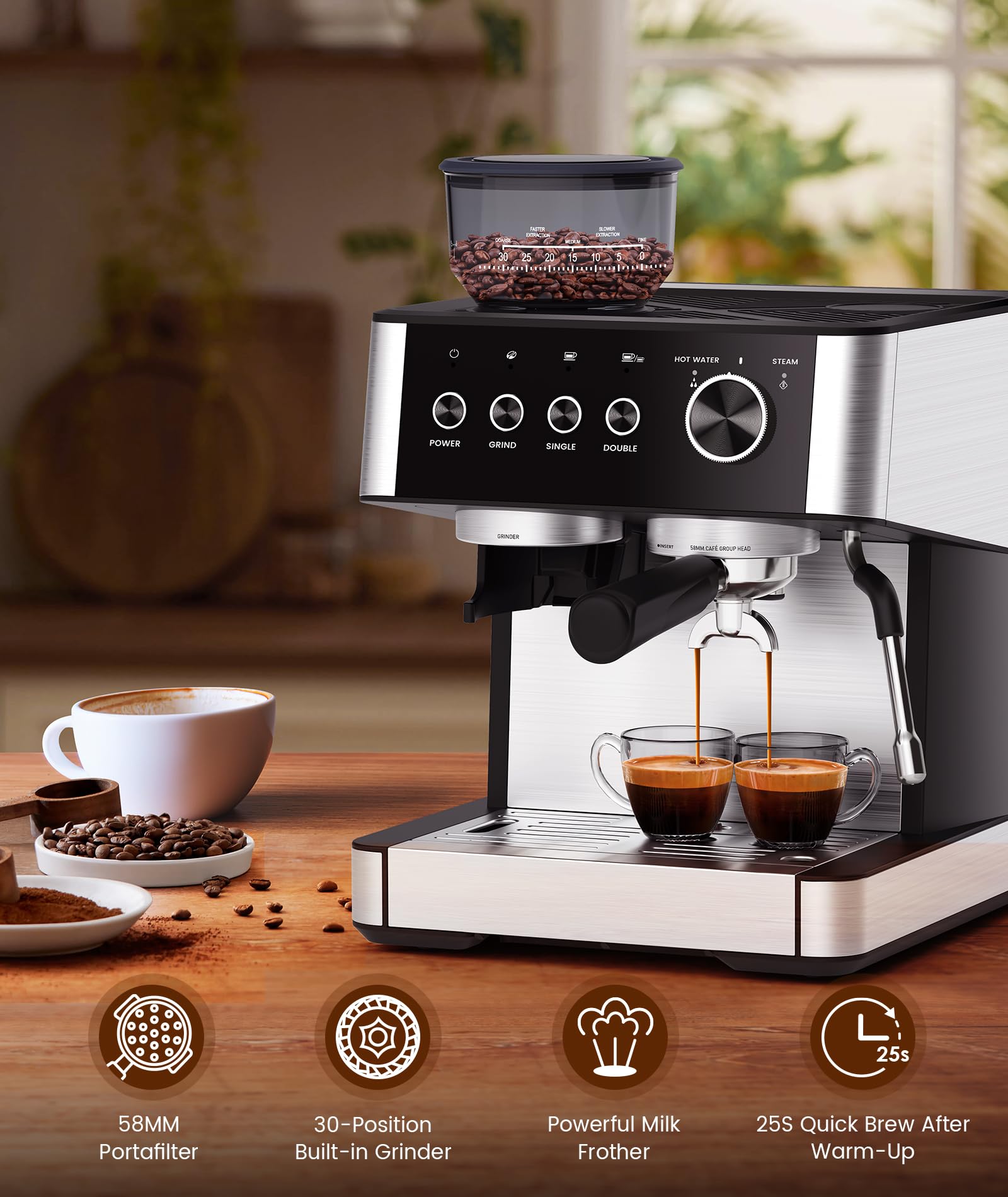 COWSAR 15 Bar Semi-Automatic Espresso Machine with Built-in 30-Position Grinder & Milk Frother - 77.8oz Removable Water Tank - Perfect for Making Latte, Cappuccino at Home or Office - Ideal Coffee Maker for Small Kitchens & Break Rooms