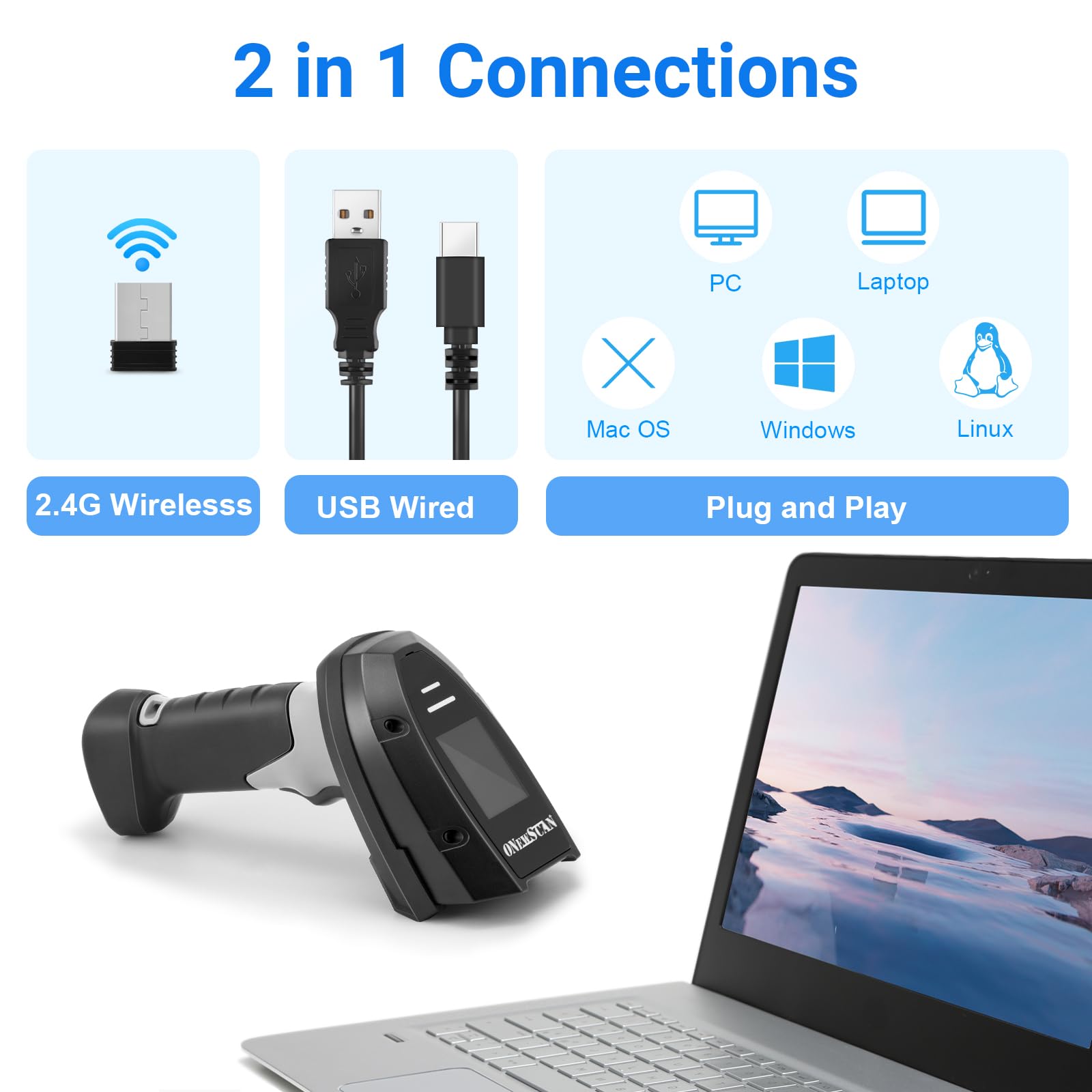 Onewscan Wireless Barcode Scanner - 1D Laser Barcode Reader with Stand, 2.4G Wireless & USB Wired Connection (Plug and Play) - Ideal for Retail Stores, Warehouses, and Inventory Management