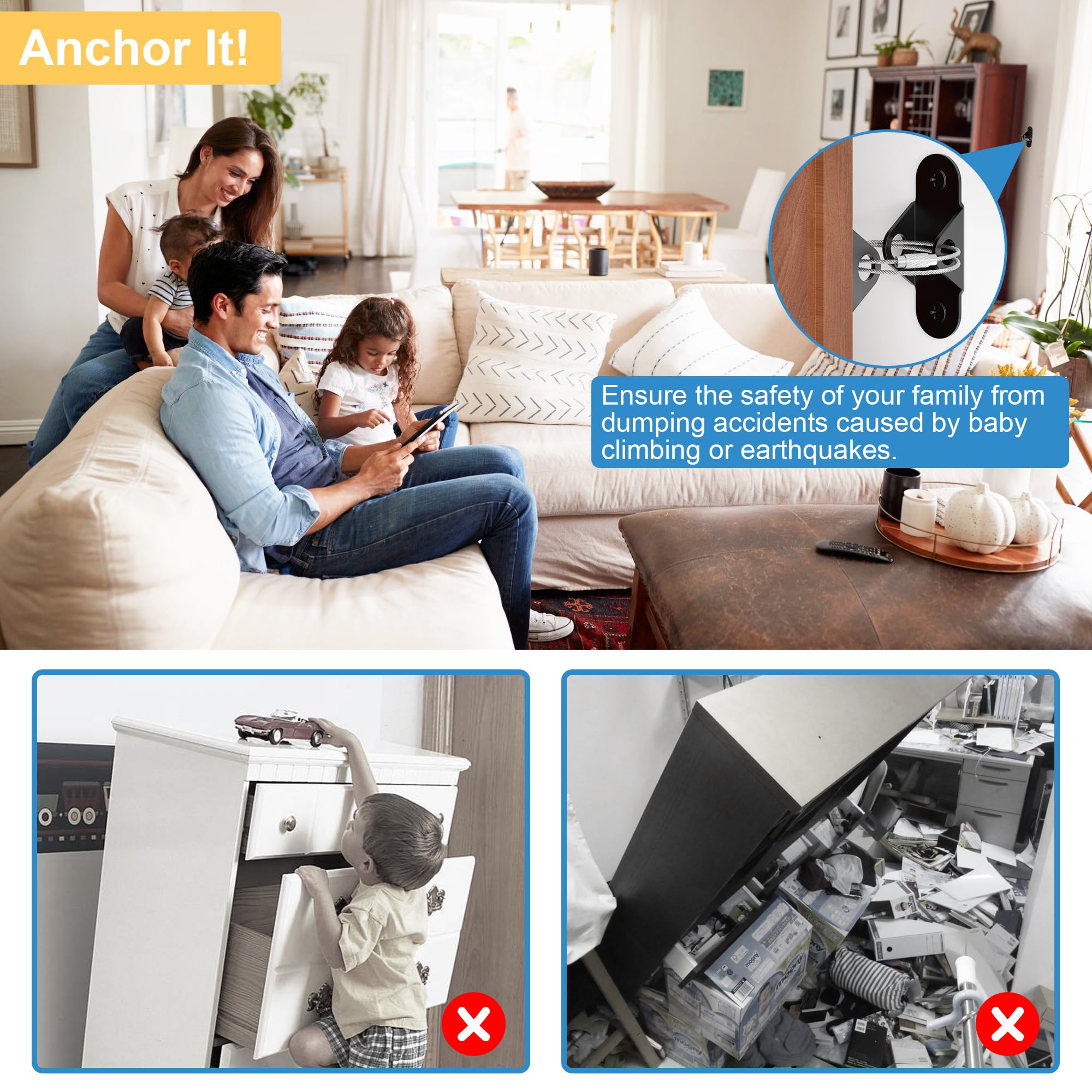 EastLink 10-Pack Baby Proofing Furniture Anchors - 400 LBS Heavy Duty Anti-Tip Straps for Earthquake Safety, Child & Pet Protection - Metal Wall Anchors (Black) - Perfect for Securing Dressers, Bookshelves & TV Stands in Nurseries & Playrooms