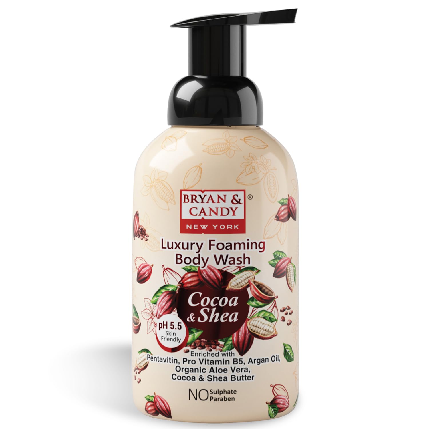 Bryan & Candy Luxury Foaming Body Wash with Pentavitin, Pro Vitamin B5 & Argan Oil - pH 5.5 Skin-Friendly Formula for All Skin Types - 13.5oz (Cocoa Shea) - Hydrating Shower Gel for Dry Skin & Daily Moisturizing Routine