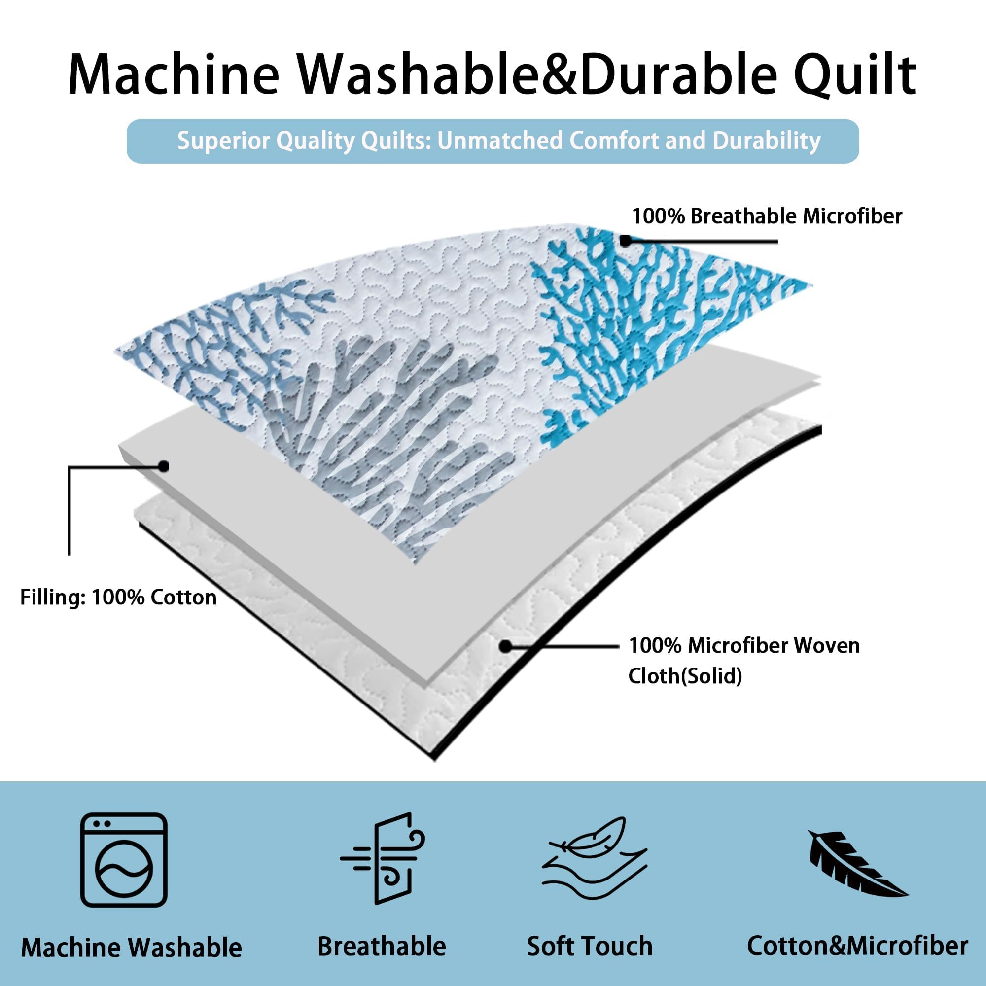 Tritard 3-Piece Coastal Quilt Set Full/Queen Size - Reversible Microfiber Bedding with 2 Shams | Soft Lightweight Beach Quilt | Nautical Bedspread Coverlet for Summer & All Seasons | 90''x96'' | Perfect for Beach House, Guest Room & Coastal-Themed Bedrooms (Style C1)