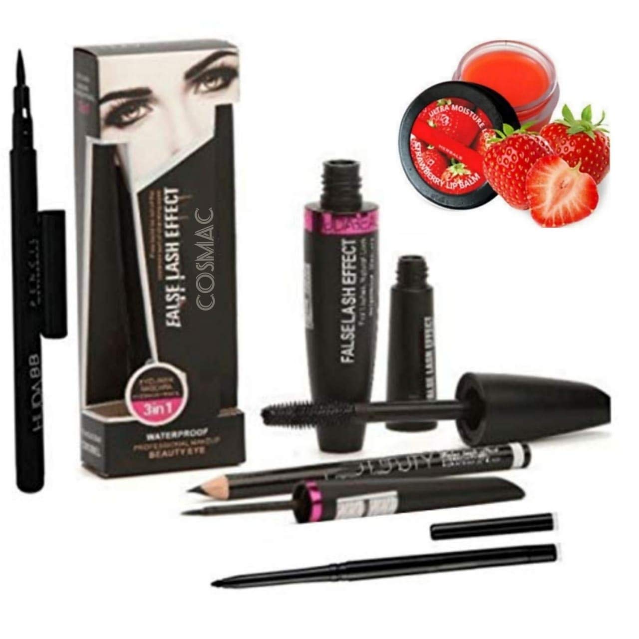 Waterproof Eye Makeup Kit - Professional Eyeliner, Mascara, Eyebrow Pencil & Kajal with Sketch Eyeliner + Strawberry Lip Balm (6-Piece Set) | Perfect for Daily Makeup, Party Looks & Travel Essentials