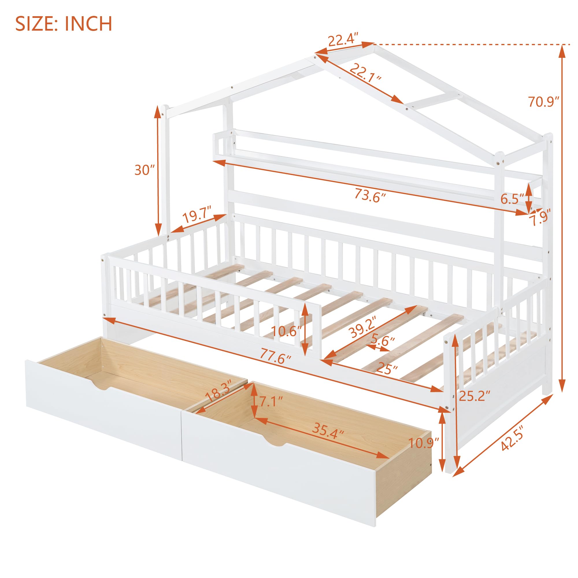 **Wooden Twin Size House Bed with 2 Drawers & Storage Shelf - Kids & Teens Bedroom Furniture for Boys & Girls - Perfect for Small Spaces, Playrooms & Cozy Bedrooms (Twin, White)**