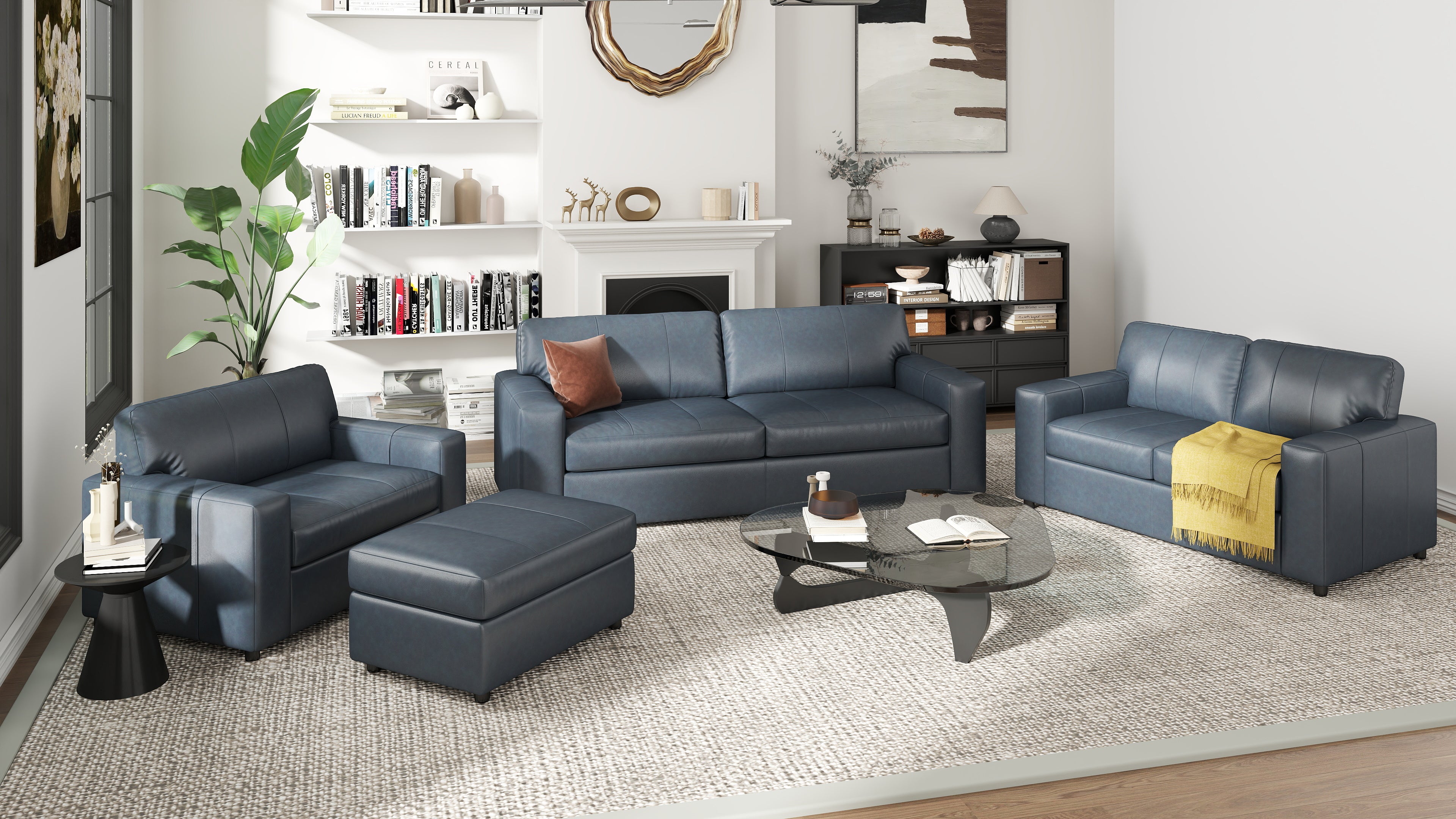 Roundhill Furniture Sakan Genuine Leather Upholstered Living Room Set - Sofa, Loveseat & Chair - Modern Sectional Couch for Home Theater, Family Room & Lounge Areas