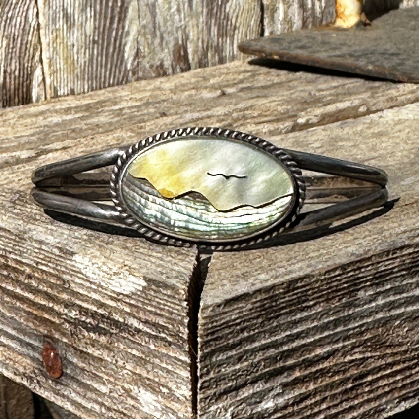 Vintage Mexican Sterling Silver Bracelet with Ocean Scene Abalone Inlay - Perfect for Beach Parties, Boho Fashion, and Gift Giving