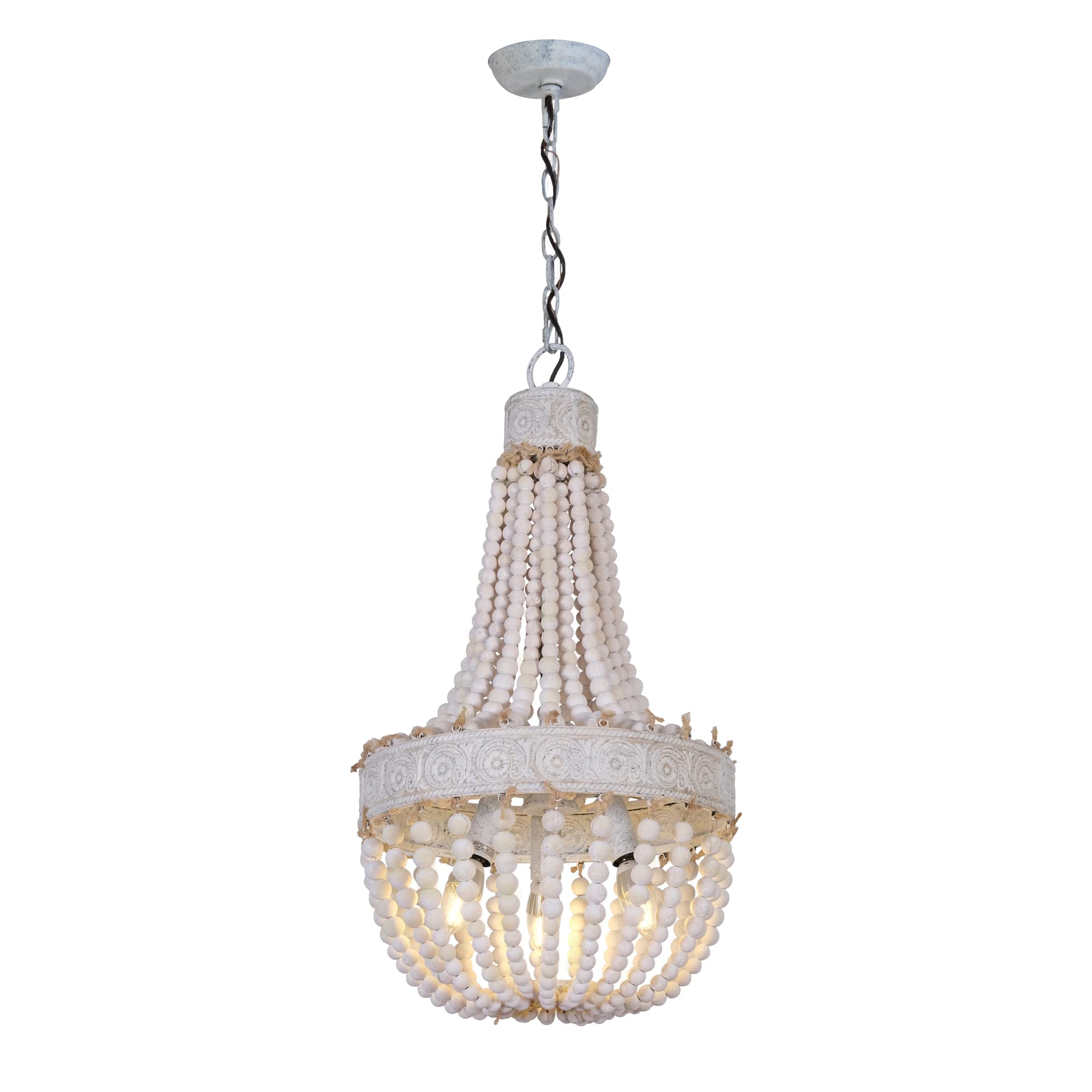 DERALAN Rustic Wood Bead Chandelier - 3-Light Farmhouse Pendant Lighting Fixture with Wooden Beads, 13.75