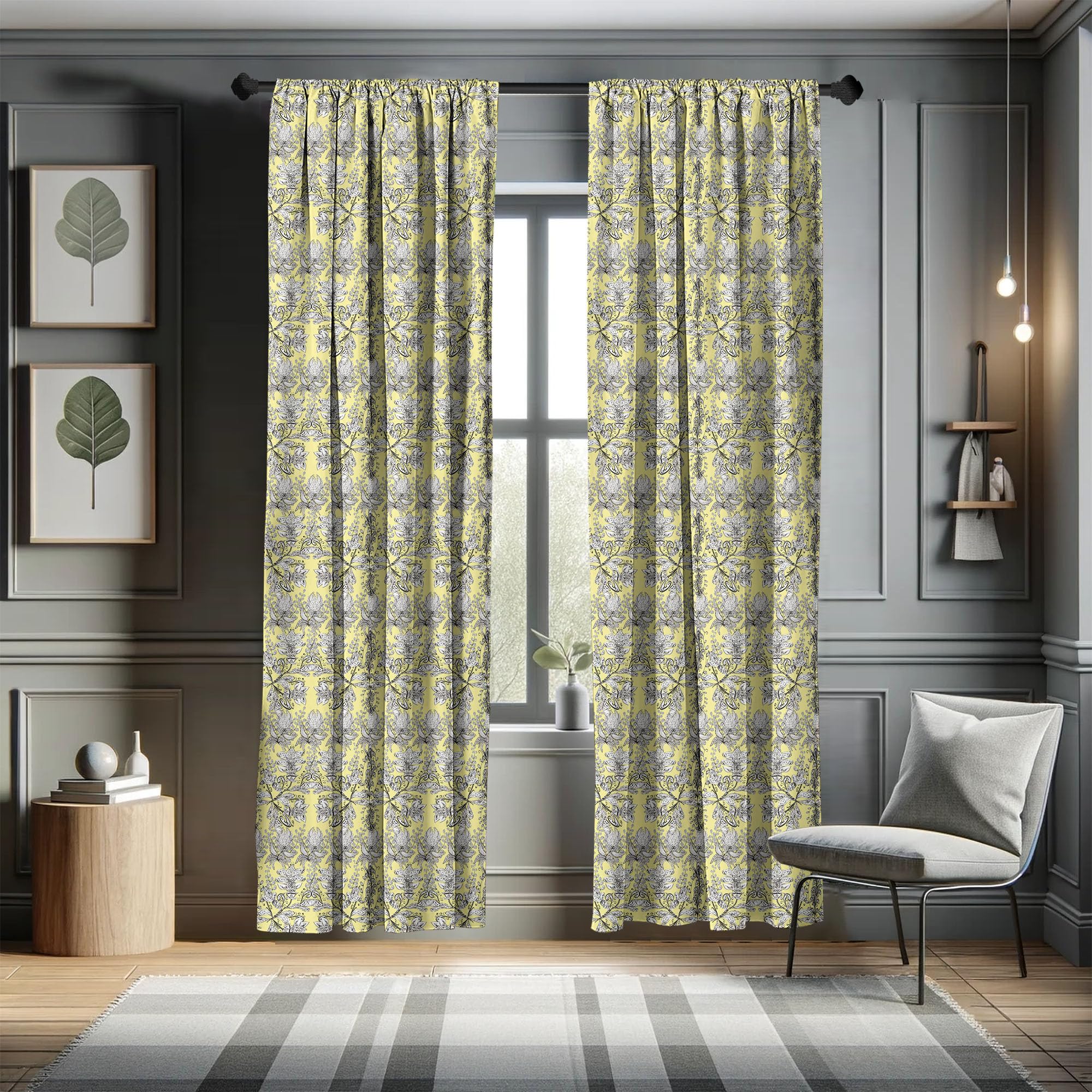 Bohemian Grey and Yellow Window Curtains with Floral Leaf Swirls & Dots - Lightweight Black & White Decor 2-Panel Set (28
