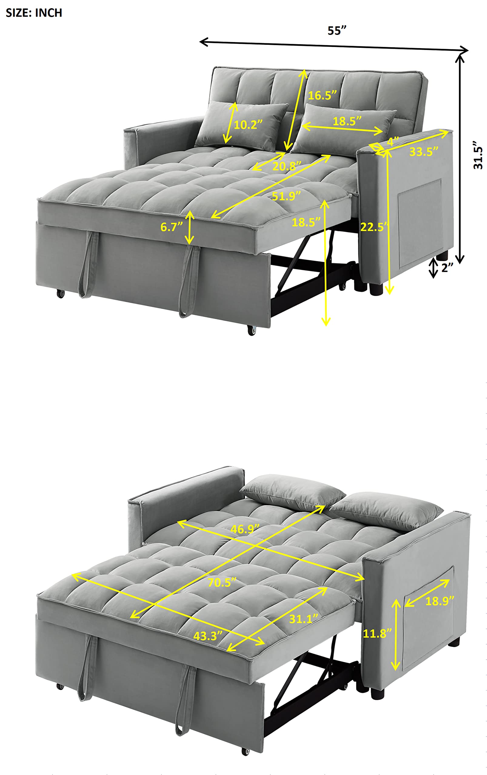 Antetek 3-in-1 Convertible Sleeper Sofa Bed - Velvet Loveseat Futon Couch with Pullout Bed, Grey, 54