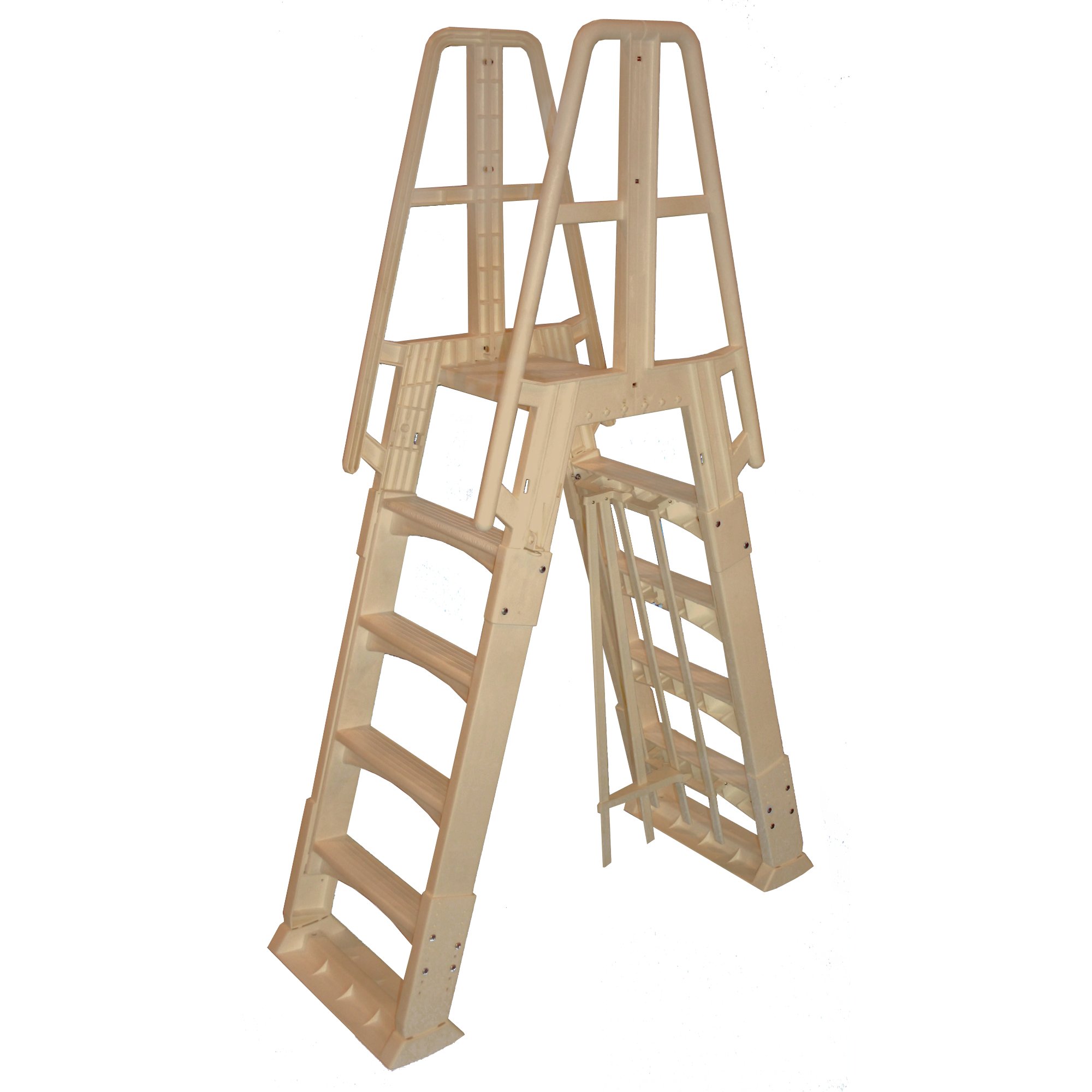 Vinyl Works SLA A-Frame 48-56 Inch Adjustable Above Ground Pool Ladder with Slide Lock Safety Barrier & Handrails - Taupe Color - Perfect for Secure Entry/Exit from Inground or Above Ground Swimming Pools