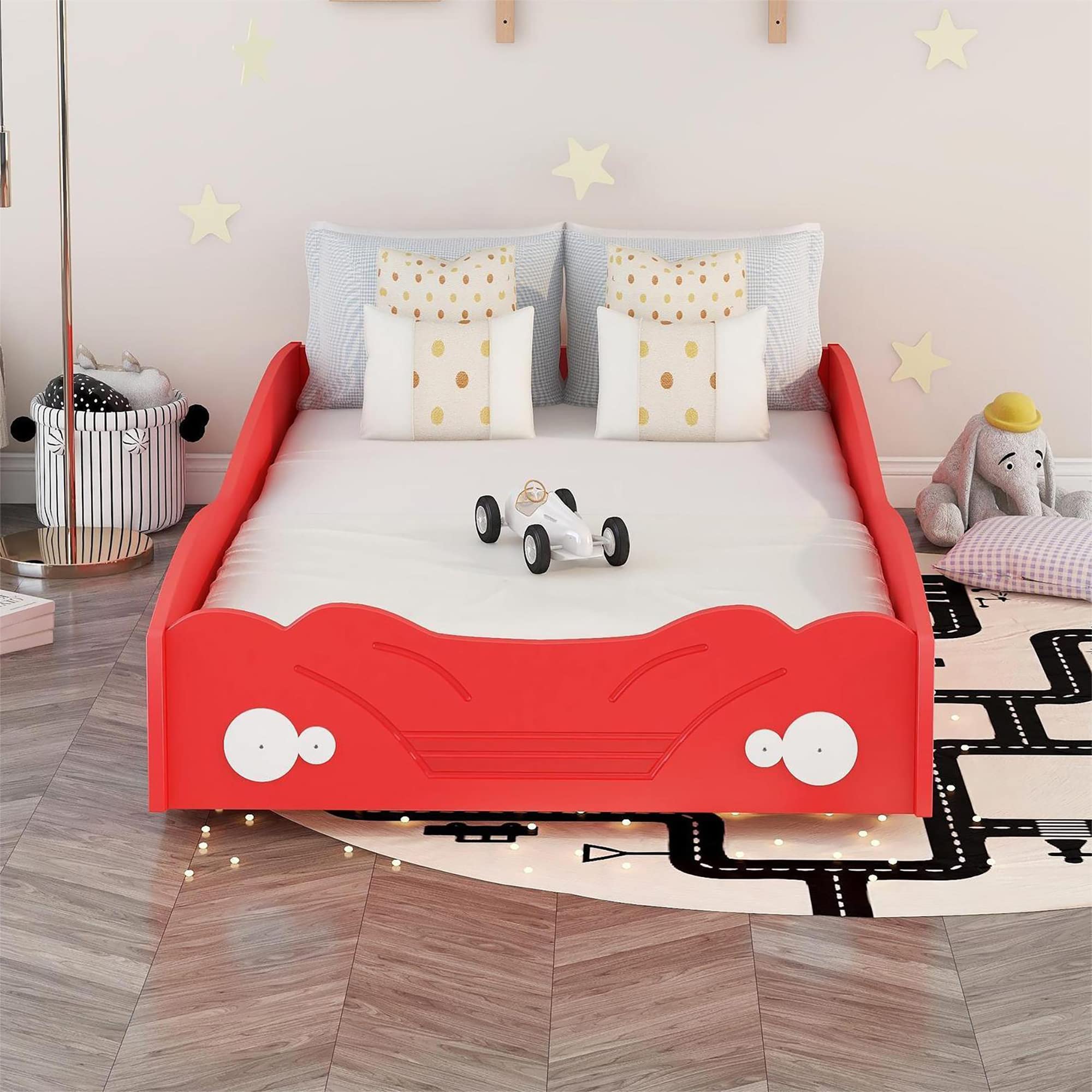 Kids Car-Shaped Twin Bed Frame - Upholstered Platform Bed for Boys & Girls, Perfect for Race Car Themed Bedrooms & Playrooms