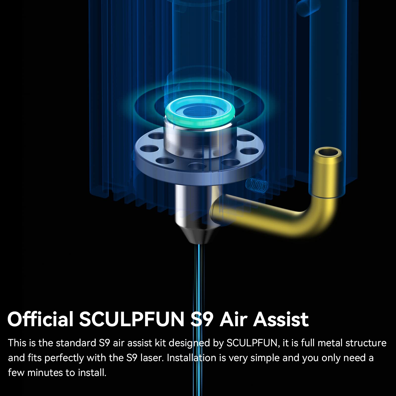 SCULPFUN S9 Air Assist Kit for Laser Engraver - Full Metal High Speed Air Assist with 2M Tube, 30L/min Adjustable Airflow - Perfect Upgrade for S9/S10 Engraving Machines - Ideal for Wood Cutting, Acrylic Engraving & Metal Marking