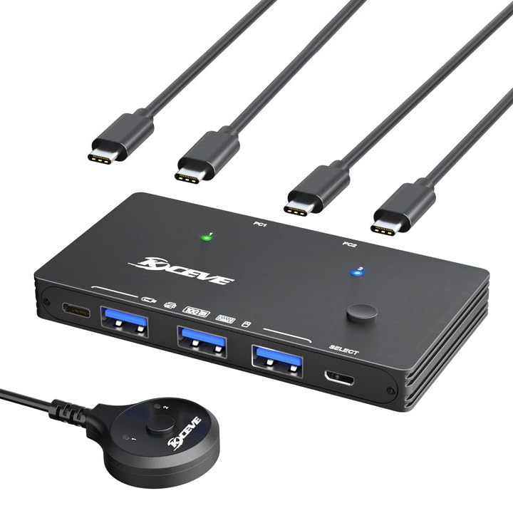 KCEVE USB 3.2 10Gbps 2-Port USB C Switch - 2 Input 4 Output USB 3.0 Hub for Sharing Printer, Scanner, Mouse & Keyboard Between 2 Laptops - Includes 2 USB C to C Cables - Perfect for Home Office & Multi-Device Workstations
