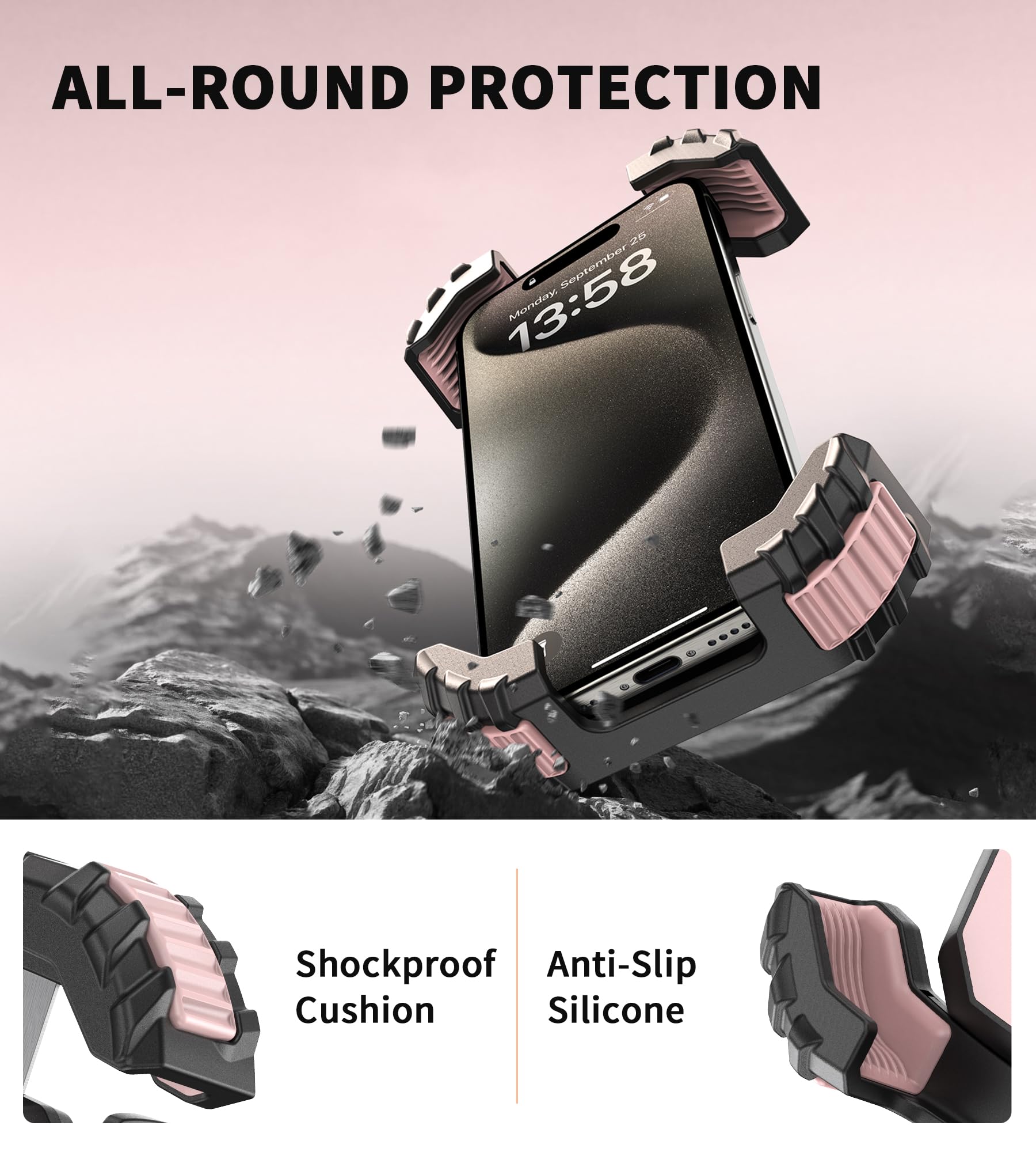 Motorcycle Phone Mount - Anti Vibration Bike Phone Holder for Motorcycles & E-Bikes | Universal Smartphone Cradle for Women & Men | Perfect Birthday Gift & Motorcycle Accessories (Pink) | Ideal for Commuting, Road Trips & Outdoor Adventures