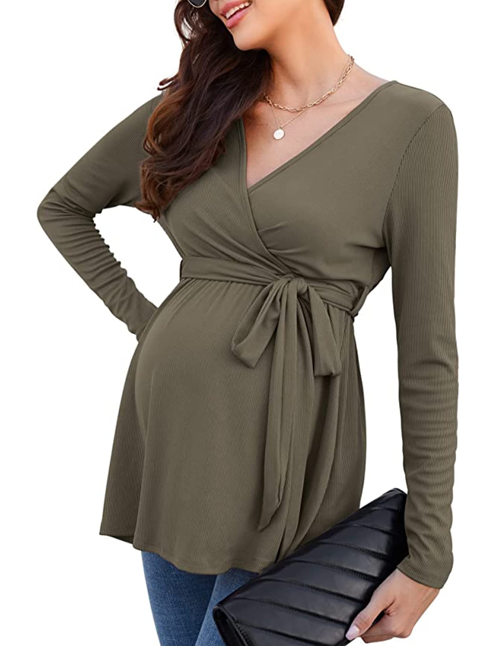 Coolmee Maternity Tops for Women - Soft Knit Long Sleeve V-Neck Nursing Shirt with Lace-Up Detail, Comfortable Pregnancy Blouse for Casual Wear | Perfect for Everyday Outfits, Nursing Sessions & Maternity Photos