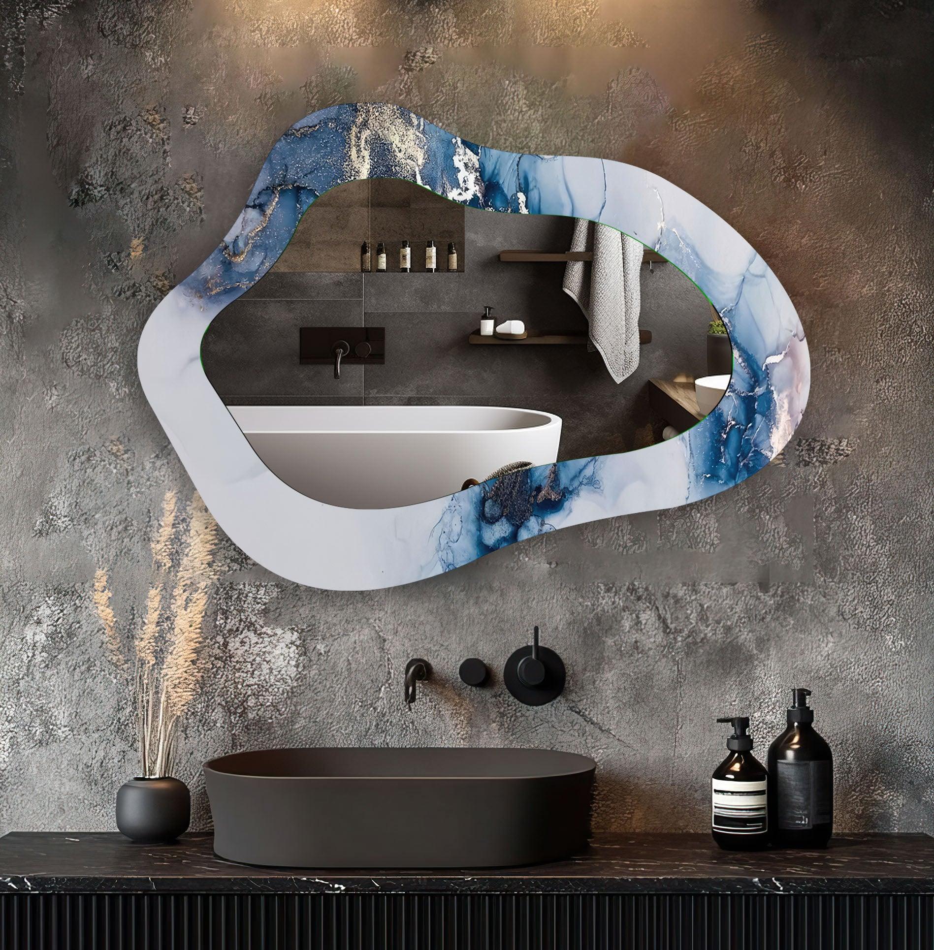 Blue Alcohol Ink Irregular Shaped Wall Mirror - Unique Handmade Decorative Mirror for Living Room, Bedroom, or Bathroom