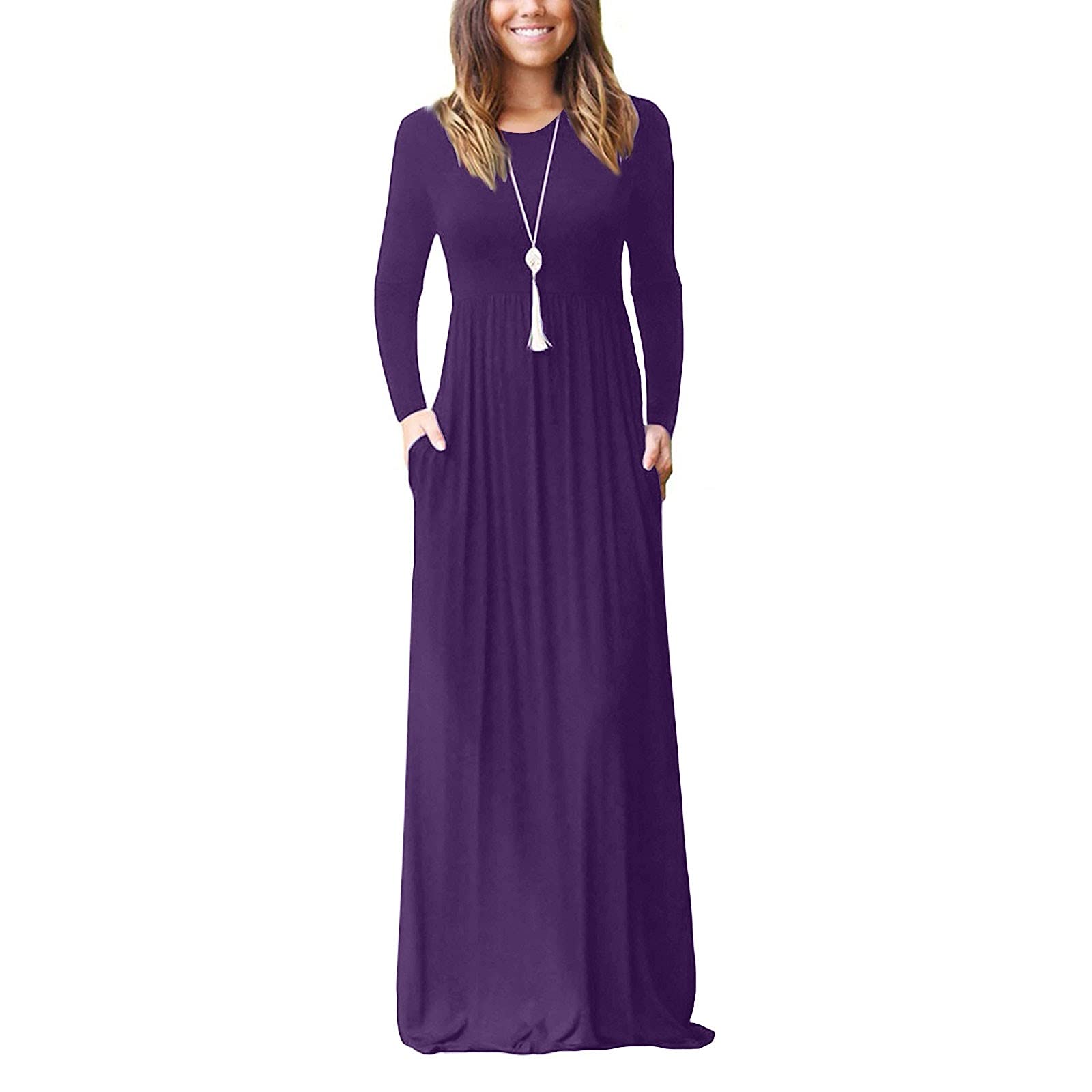 MINEMIN Women's Casual Maxi Dress Long Sleeve Floral Print Plus Size Loose Fit with Pockets - Perfect for Fall Outfits, Date Nights & Vacation Wear