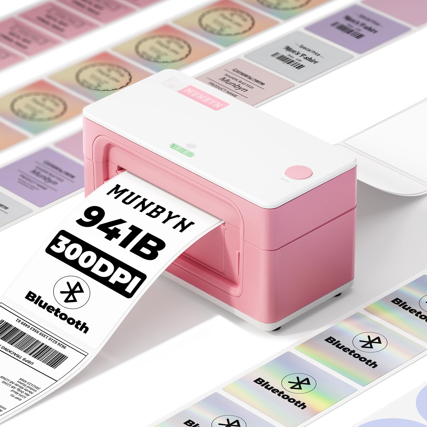 MUNBYN 941B Wireless Bluetooth Thermal Label Printer - 300DPI 4x6 Shipping Label Printer for Small Business | Compatible with Windows, Mac, iOS, Android | Works with Amazon, eBay, Shopify, Etsy, USPS | Perfect for Home Office & E-commerce Shipping (Pink)