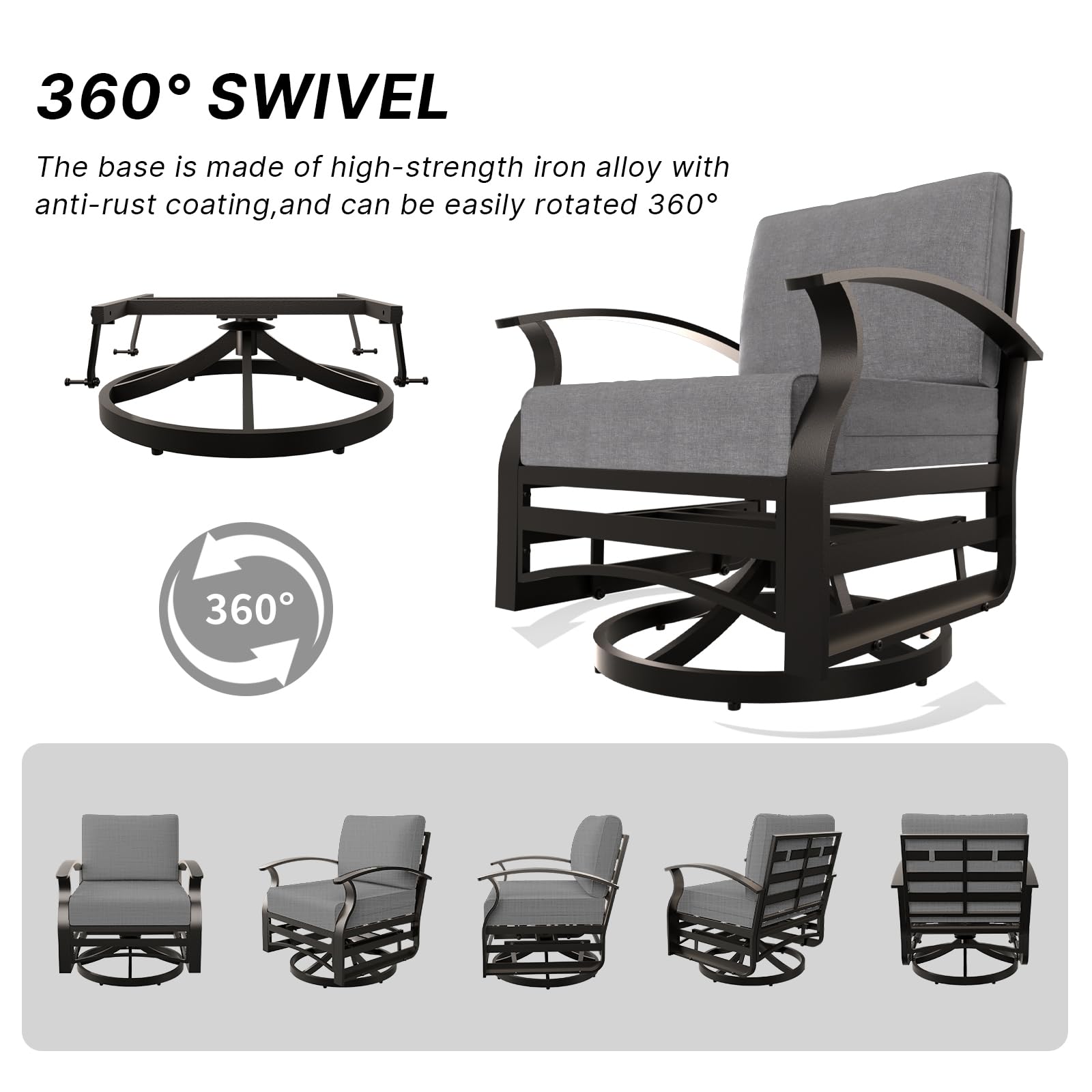Gotland 3-Piece Outdoor Aluminum Swivel Rocking Chair Set with Coffee Table & Cushions - Patio Furniture for Porch, Garden, Deck, or Backyard Relaxation