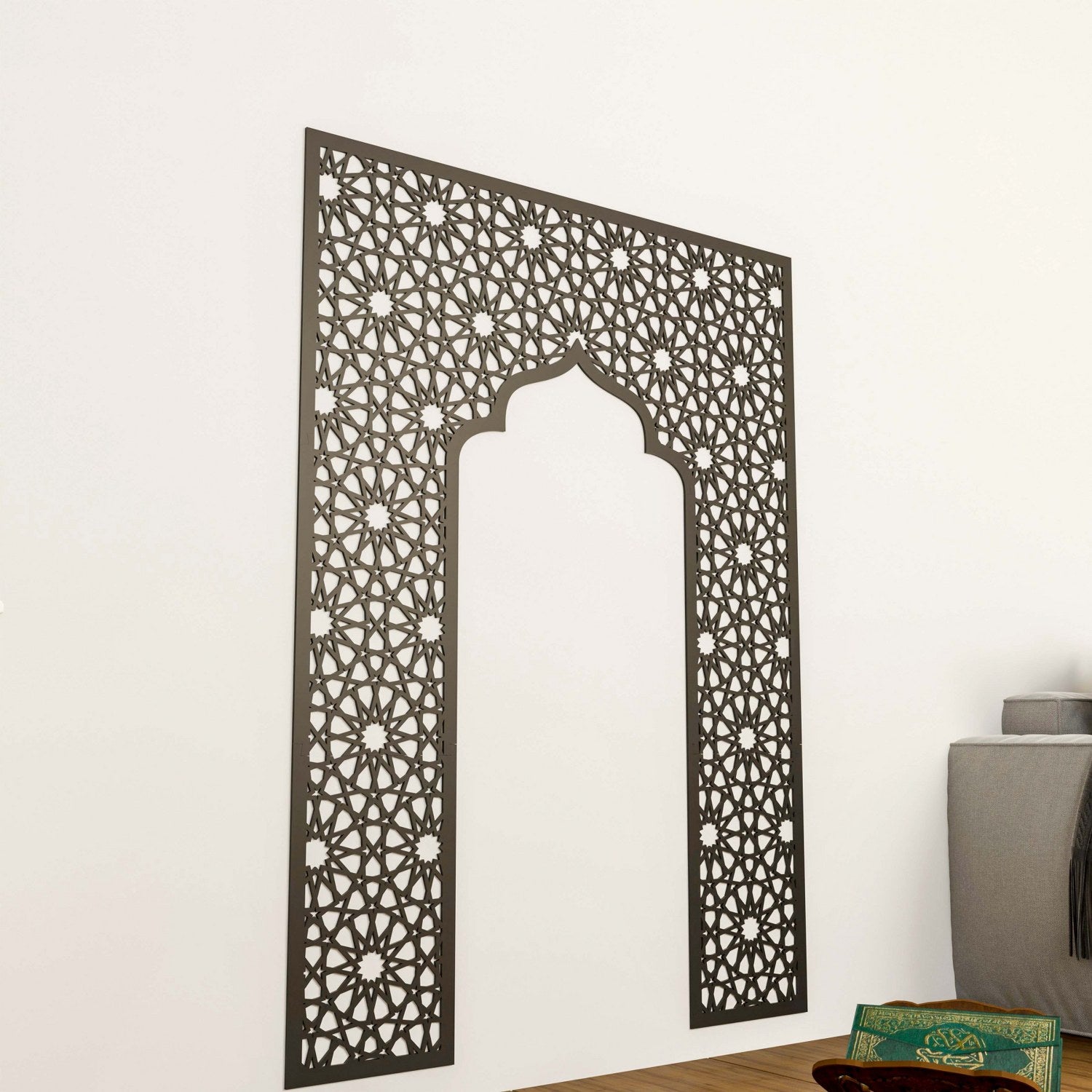 Handcrafted Geometric Design Mihrab Wooden Islamic Wall Art Decor | 12-Pointed Star Home Decoration for Living Room, Mosque & Prayer Space