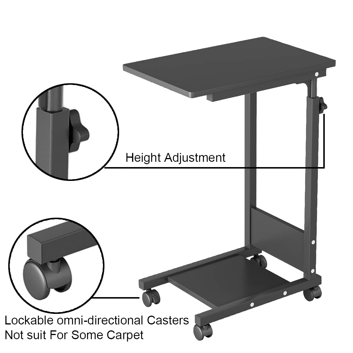 Adjustable Height C-Shaped Side Table with Wheels - Rolling Tray with Storage for Sofa, Bed & Hospital Use - Mobile Laptop Desk for Home Office & Living Room - Perfect as Bedside Table, Computer Desk & Nursing Table