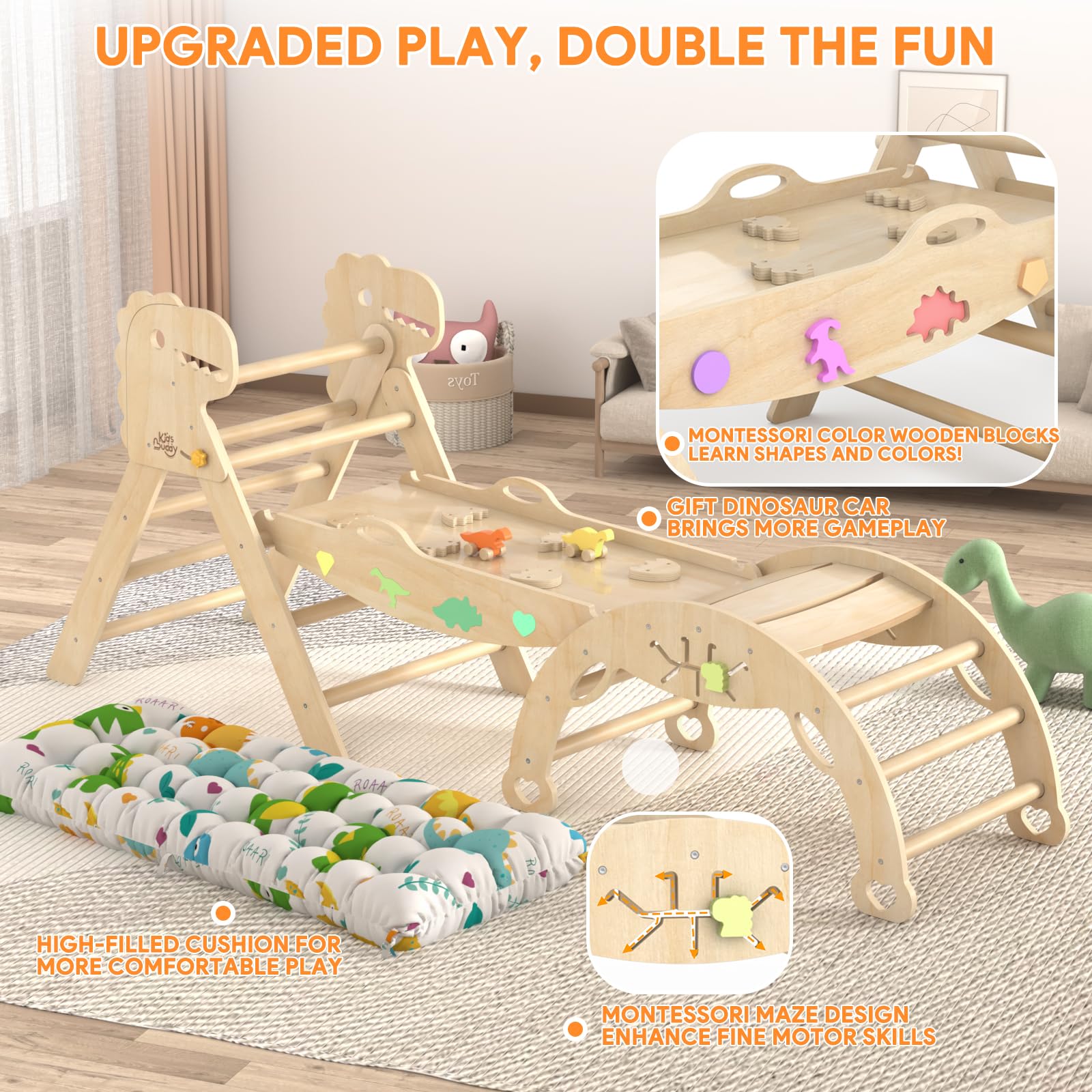 **Pikler Triangle Set with Cushion - 9-in-1 Wooden Climbing Gym for Toddlers 1-3 Years | Montessori Toys with Maze, Shape Sorter & Dinosaur Car | Indoor Play for Kids, Home & Daycare**