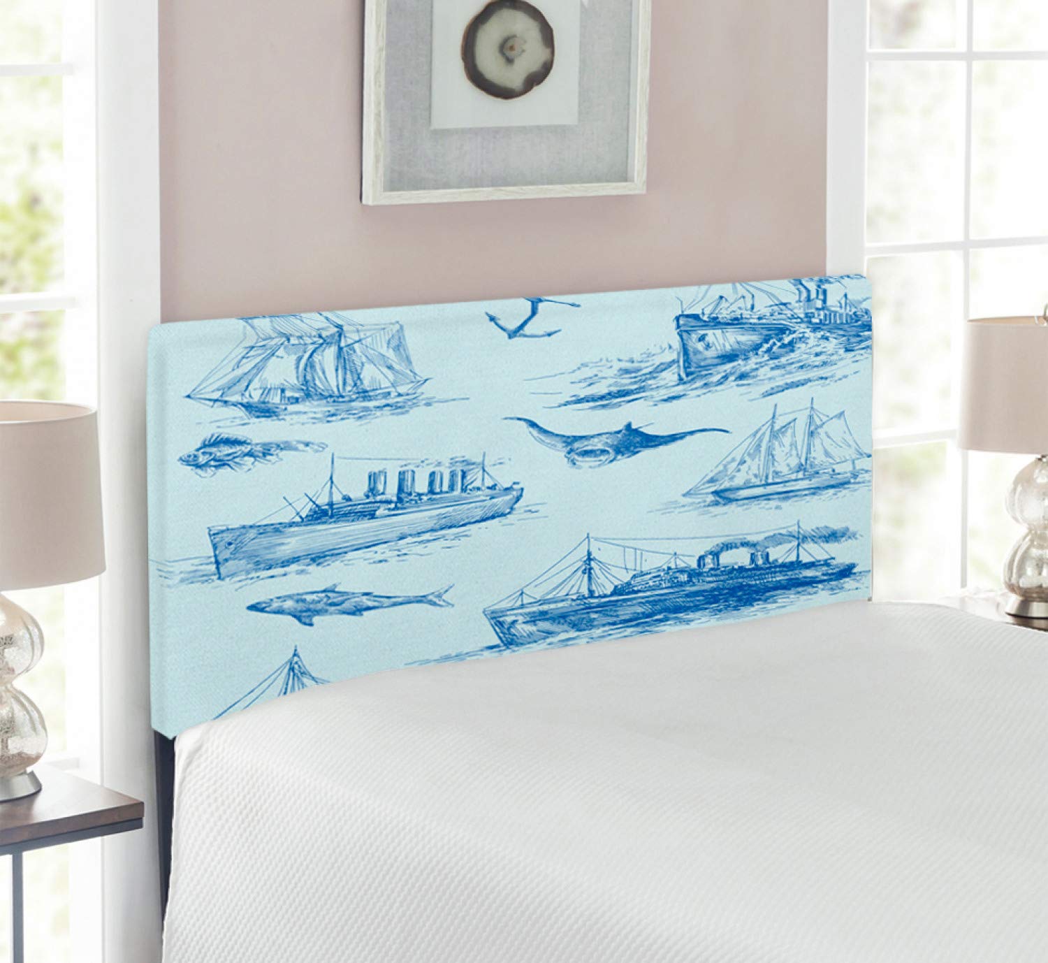 Ambesonne Nautical Upholstered Headboard - Twin Size Shark & Boat Ocean Theme Memory Foam Bed Headboard in Pale Blue | Perfect for Kids Room, Beach House & Coastal Decor Bedroom