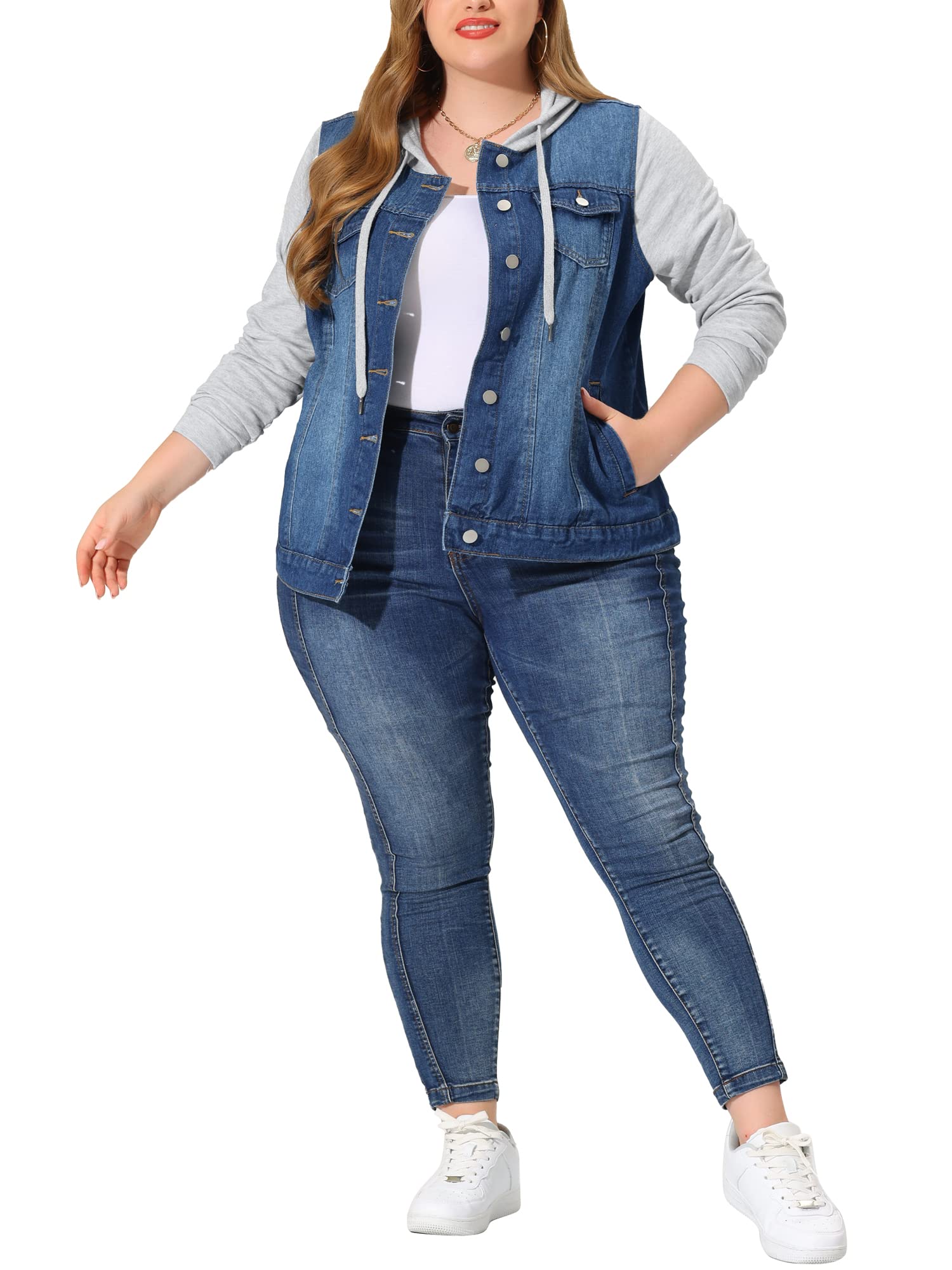 Agnes Orinda Women's Plus Size Denim Jacket - Layered Drawstring Hoodie with Pockets | Casual Outerwear for Street Style & Everyday Wear