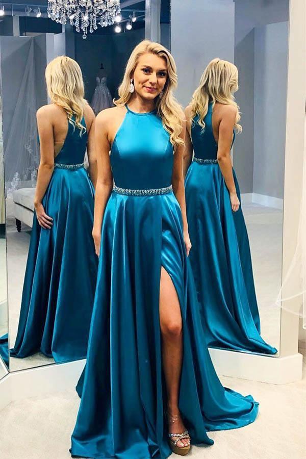 Elegant Turquoise Satin A-Line Long Prom Formal Dress with High Slit - Perfect for Homecoming, Evening Gala & Special Occasions