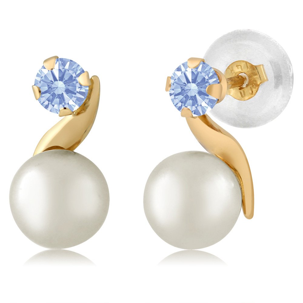 14K Yellow Gold 5MM Cultured Freshwater Pearl & 3MM Round Birthstone Gemstone Earrings for Women | Elegant Dangle Earrings for Weddings, Parties & Everyday Wear | Gem Stone King