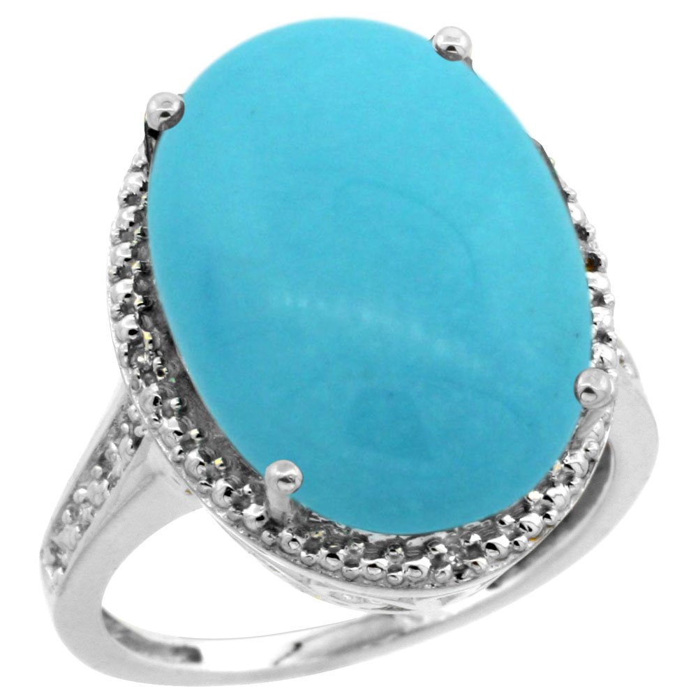 10K White Gold Natural Diamond Sleeping Beauty Turquoise Ring - Oval 18x13mm, Sizes 5-10 - Elegant Jewelry for Weddings, Anniversaries & Special Occasions