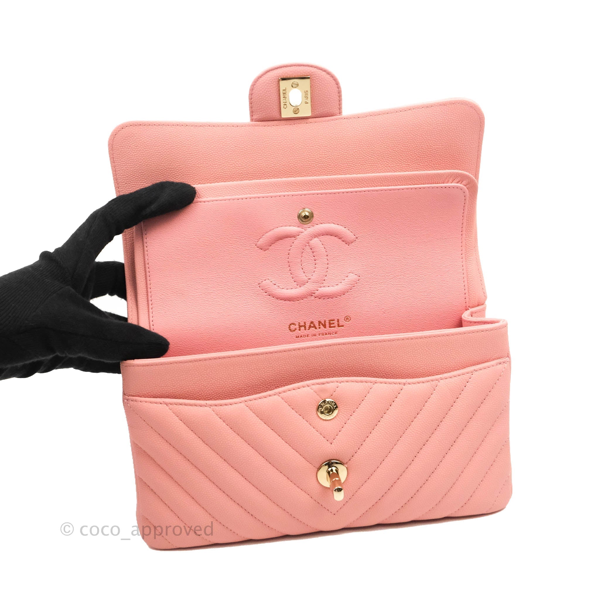 Chanel Classic Chevron Small Double Flap Bag in Pink Caviar Leather with Gold Hardware - Luxury Crossbody Purse for Women, Perfect for Date Night & Special Occasions