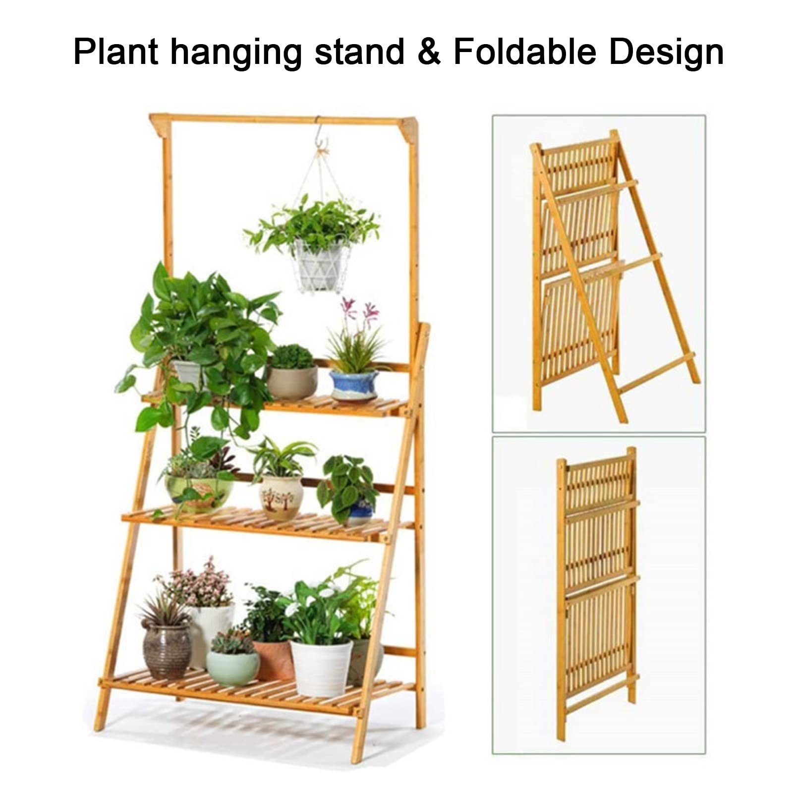 LIGUOYI 3-Tier Bamboo Plant Stand - Foldable Flower Pot Holder Shelf for Indoor & Outdoor Plants | Perfect for Garden, Balcony, Living Room & Patio Decor | Space-Saving Multi-Tier Plant Display Rack
