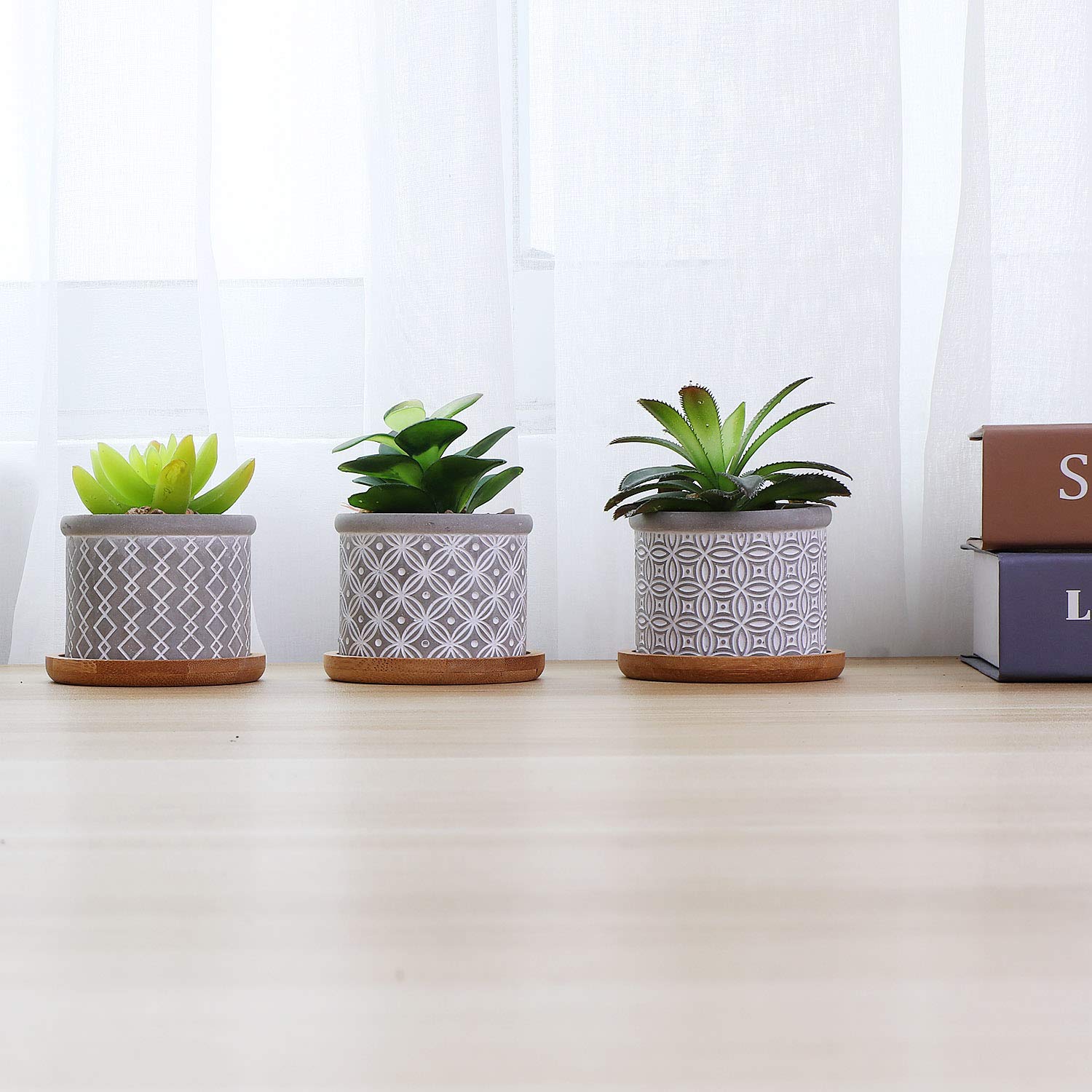 T4U 2.5 Inch Grey Cement Succulent Planter Pots with Bamboo Tray - Set of 3 Small Concrete Cactus & Herb Planters for Home, Office, Window Decor - Perfect for Gardening Gifts, Birthday Presents & Indoor Plant Displays