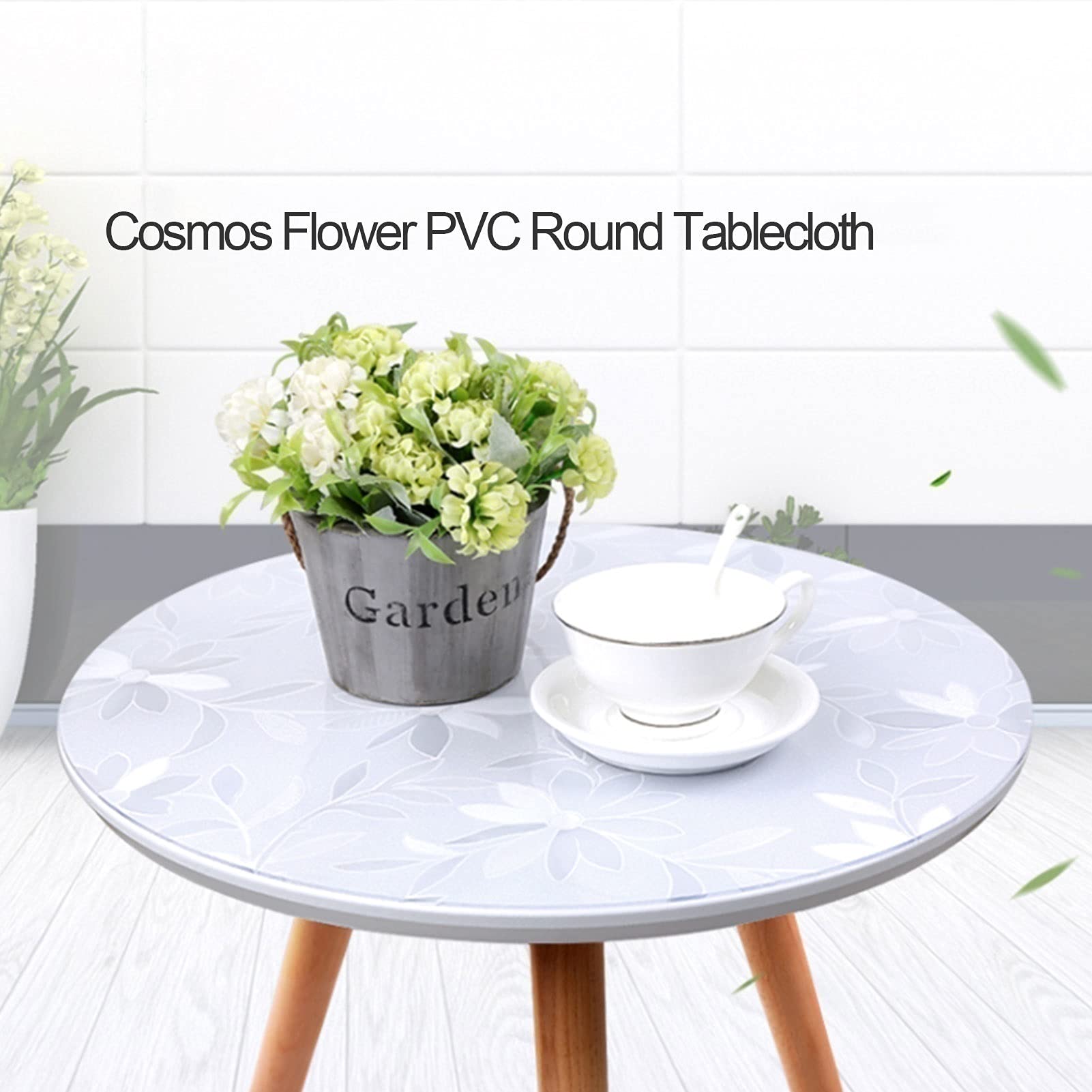 Round Transparent PVC Tablecloth - Waterproof Oil-Resistant Plastic Table Cover with Cosmos Flower Design, 2.0mm Thick Crystal Clear Table Mat for Dining, Kitchen, Living Room & Outdoor Use