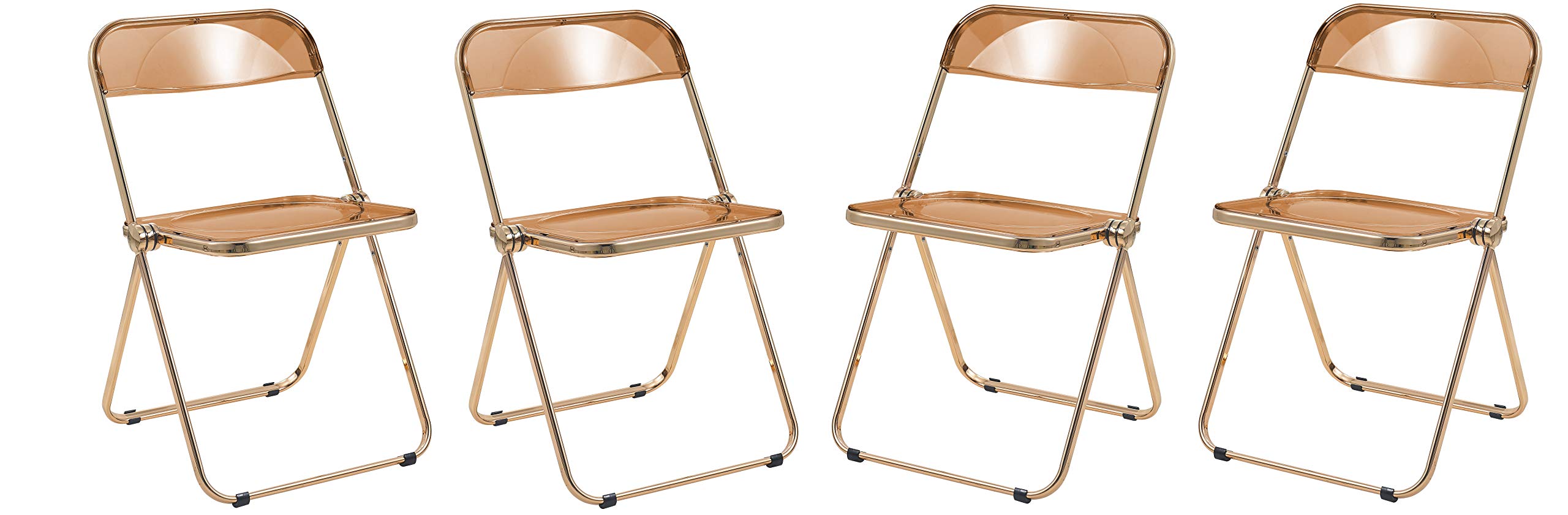 LeisureMod Lawrence Modern Clear Acrylic Folding Chairs with Gold Metal Frame - Set of 4 - Tangerine Orange - Perfect for Patio, Poolside, and Indoor Events