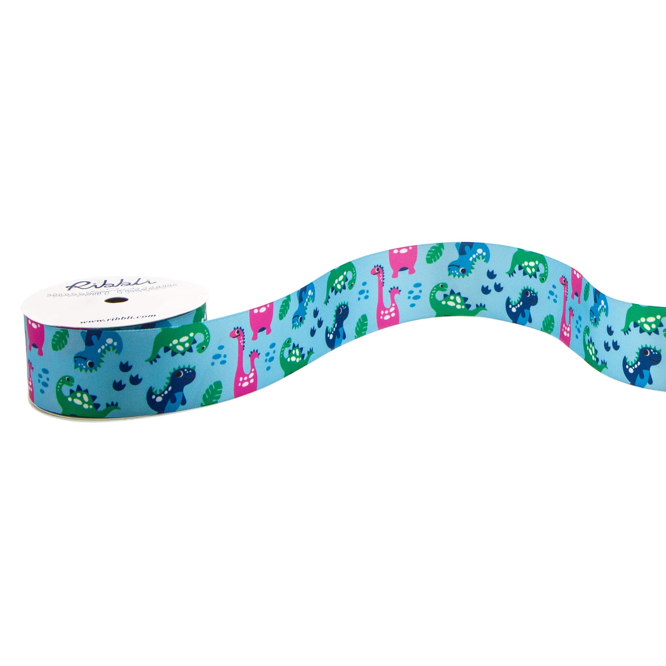 Ribbli Satin Dinosaur Print Craft Ribbon - 1.5 Inch x 10 Yards - Blue, Green, Pink for Hair Bows, Wreaths, Gift Wrapping, Baby Showers & Party Decorations - Perfect for DIY Crafts, Sewing Projects and Birthday Celebrations