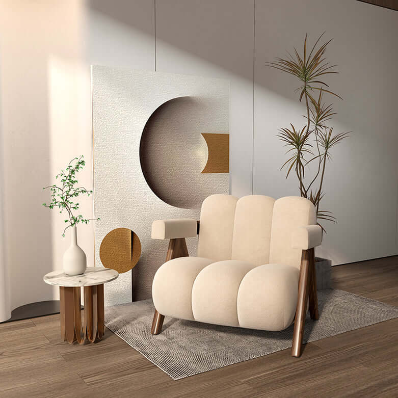 Japandi Style White Velvet Accent Chair with Walnut Wood Frame - Mid-Century Modern Armchair for Living Room, Bedroom & Office - Comfortable Upholstered Lounge Chair for Home Decor