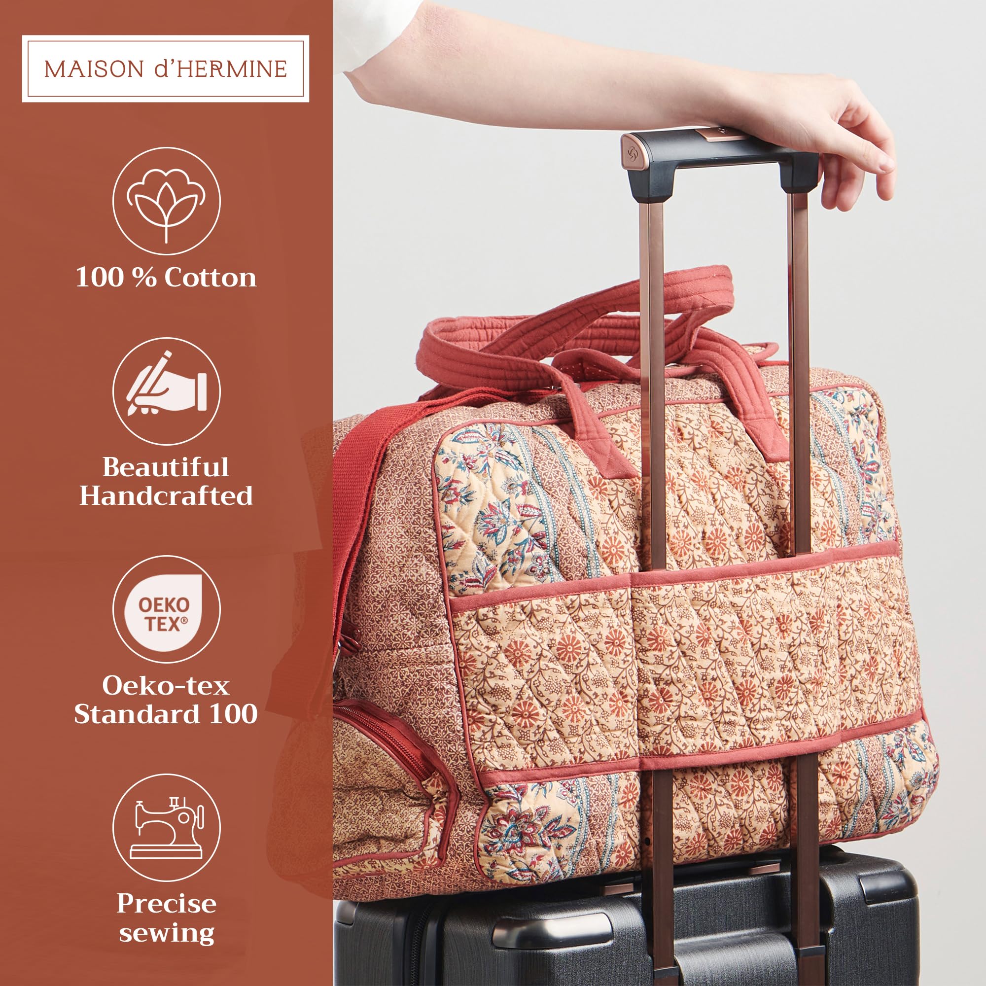 Hermine Weekend Bag - Cotton Quilted Duffel Overnight Luggage for Travel, Gym & Business | Perfect Gift for Men & Women | Ideal for Family Trips, Business Travel & Weekend Getaways