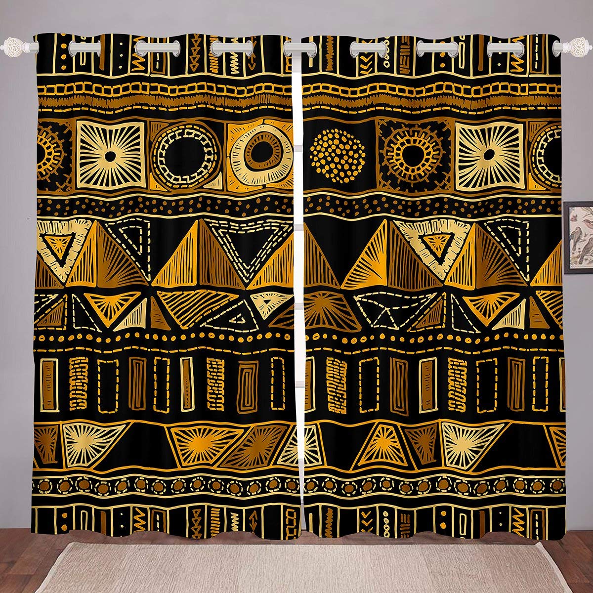 Aztec Window Curtains - Ethnic Geometric Tribal Drapes with Indian & Mexican Folk Patterns, Brown & Black (104