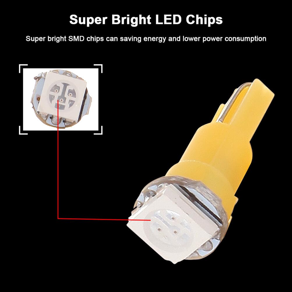 10 PCS T5 Yellow 58 70 73 74 Instrument Dashboard Gauge 1SMD 5050 LED Wedge Bulbs - Perfect for Car Dashboard, Motorcycle Gauges & Marine Instrument Lighting