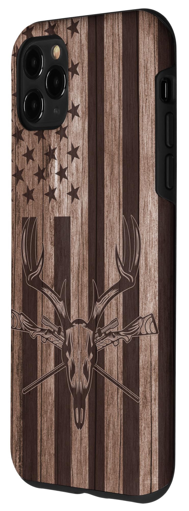 iPhone 11 Pro Max Case - Premium Wooden Hunting Design with Whitetail Deer & American Flag - Perfect for Outdoor Enthusiasts and Patriotic Hunters - Ideal for Hunting Trips, Camping, and Everyday Use