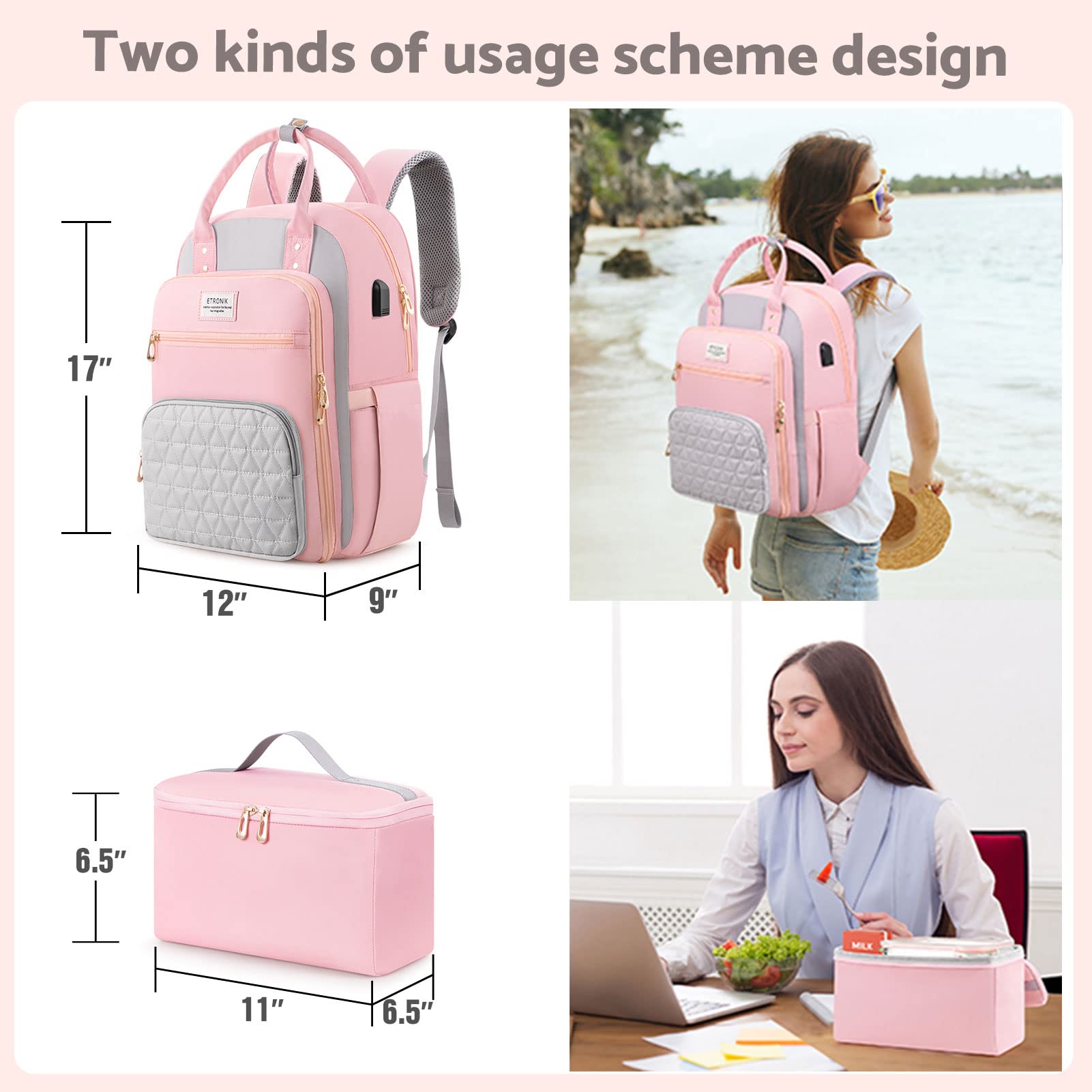 ETRONIK 15.6 Inch Laptop Backpack with USB Charging Port & Insulated Lunch Cooler - Waterproof Work Backpack for Women & Men, School Travel Backpack for Nurse, Teacher, Office Professionals (Pink) - Perfect for Commuting, Business Trips & College Campus Use
