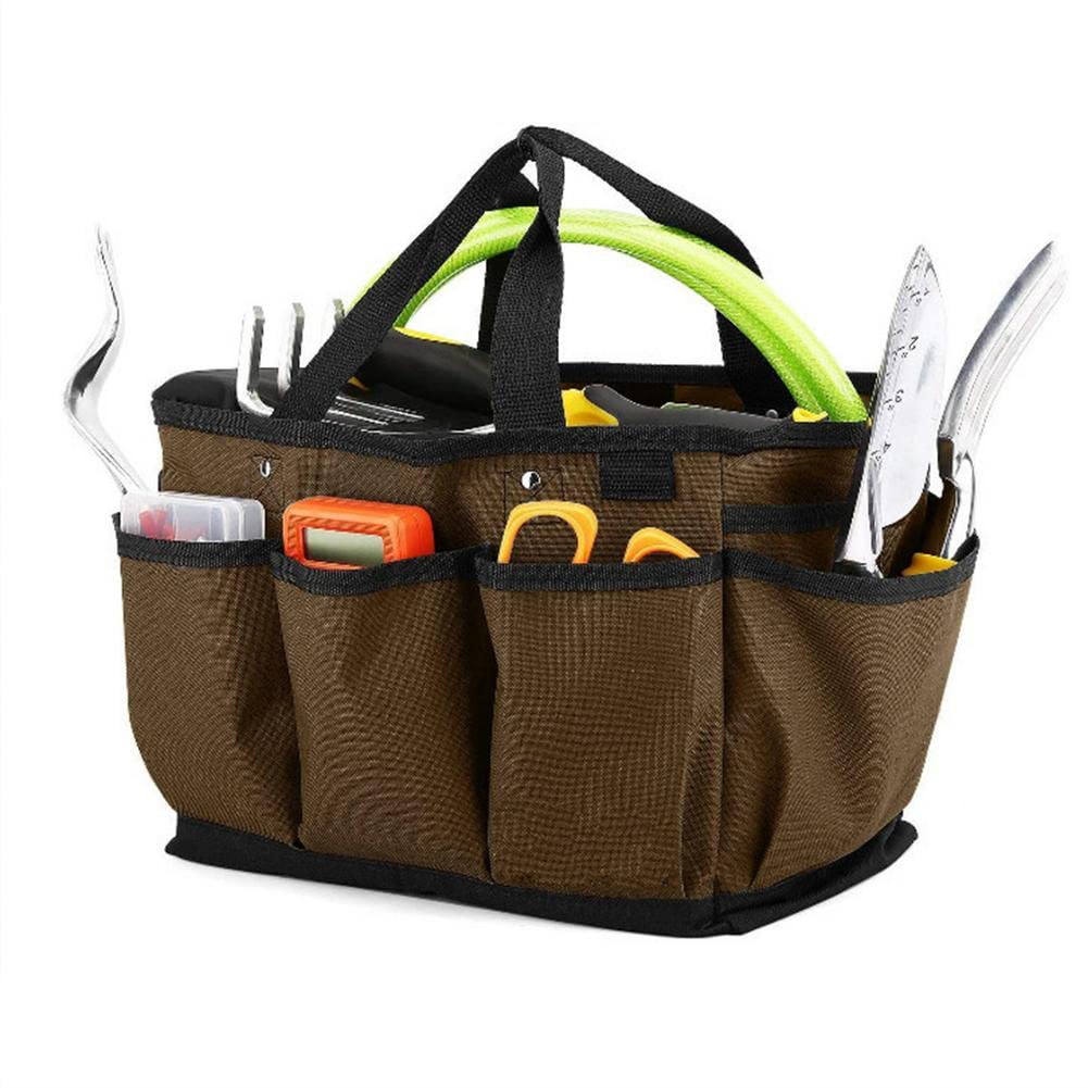 Heavy Duty Multi-Pocket Garden Tool Bag - Durable Oxford Cloth Electrician & Gardening Storage Tote with Waist Pouch - Perfect for Landscaping, Home Repairs & Outdoor Work (Brown)