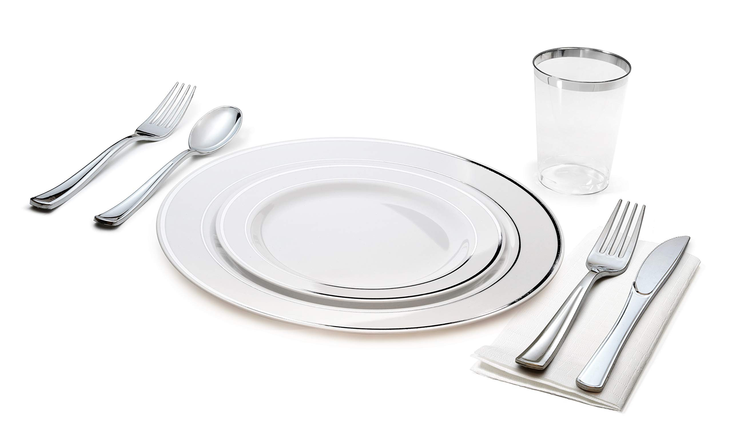 960-Piece Disposable Wedding Tableware Set - 120 Guest Plastic Plates, Silverware, Silver-Rimmed Tumblers & White Paper Napkins (Combo B, White & Silver) for Weddings, Parties & Events