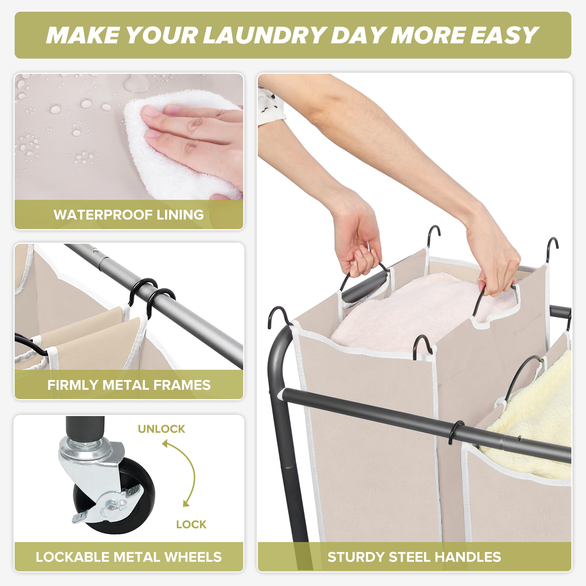 Heavy-Duty Rolling Laundry Hamper with 4 Removable Bags & Lockable Wheels - Beige Laundry Sorter Cart for Bedroom, Closet, or Laundry Room Organization