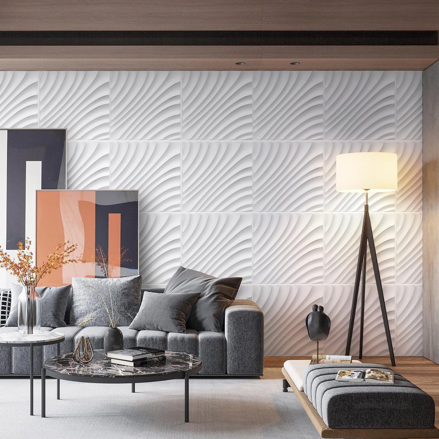 STICKGOO 3D Textured Wall Panels - Wave White Paintable Wall Decor for Living Room & Bedroom - Modern 3D Wall Covering Tiles (Pack of 12) - Perfect for Home Interior Design & DIY Wall Makeover