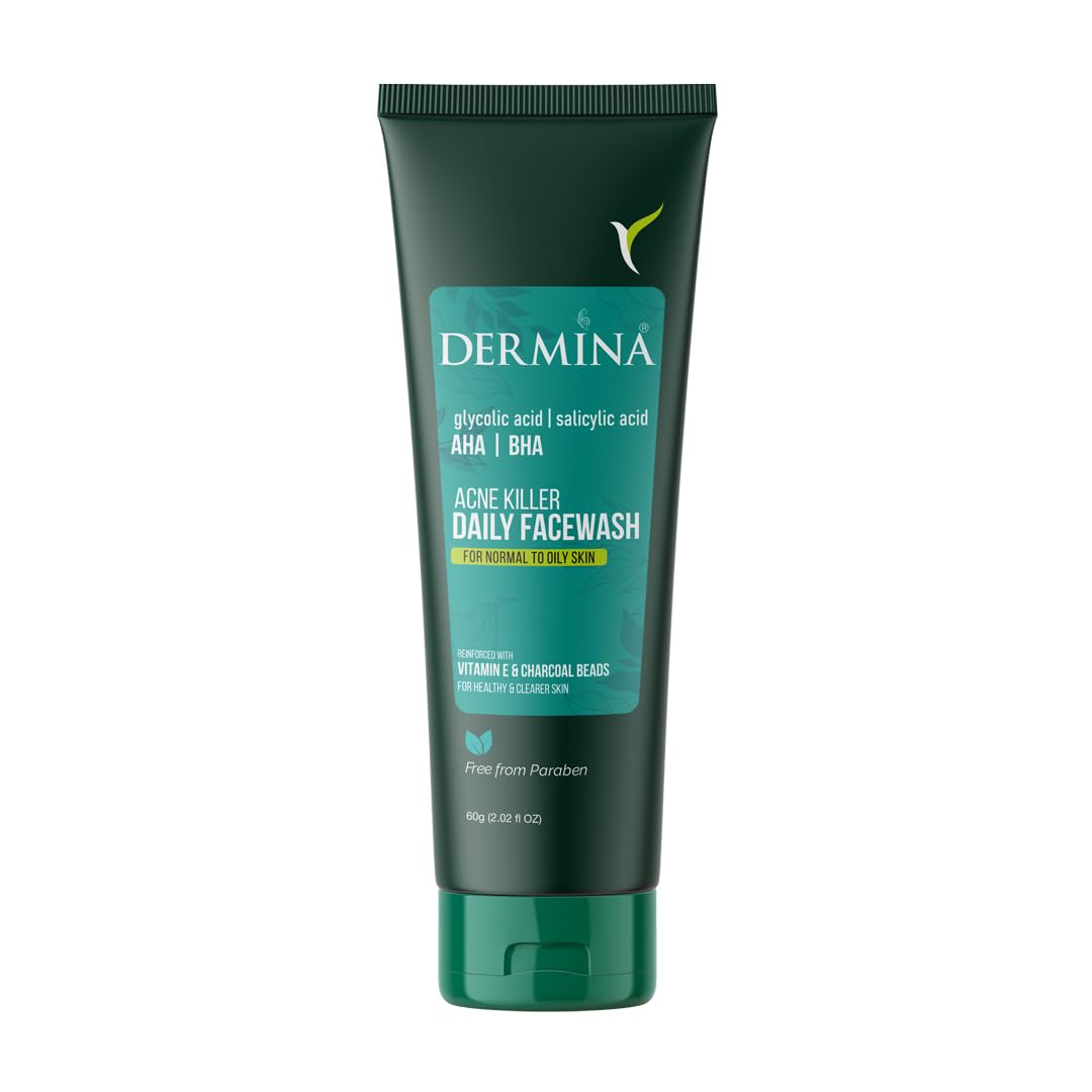 DERMINA Acne Killer Face Wash with Glycolic Acid, AHA, BHA, Vitamin E & Charcoal Beads - Deep Cleansing for Acne & Pimple Free Skin | Normal to Oily Skin Care for Women & Men | 60g | Perfect for Daily Skincare Routine & Travel