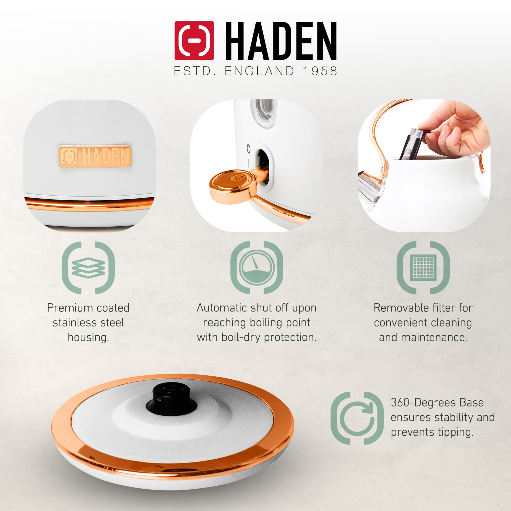 HADEN 12 Cup Drip Coffee Maker with 1.7L Stainless Steel Electric Kettle Set - Ivory & Copper Heritage Style for Home, Office & Kitchen Use