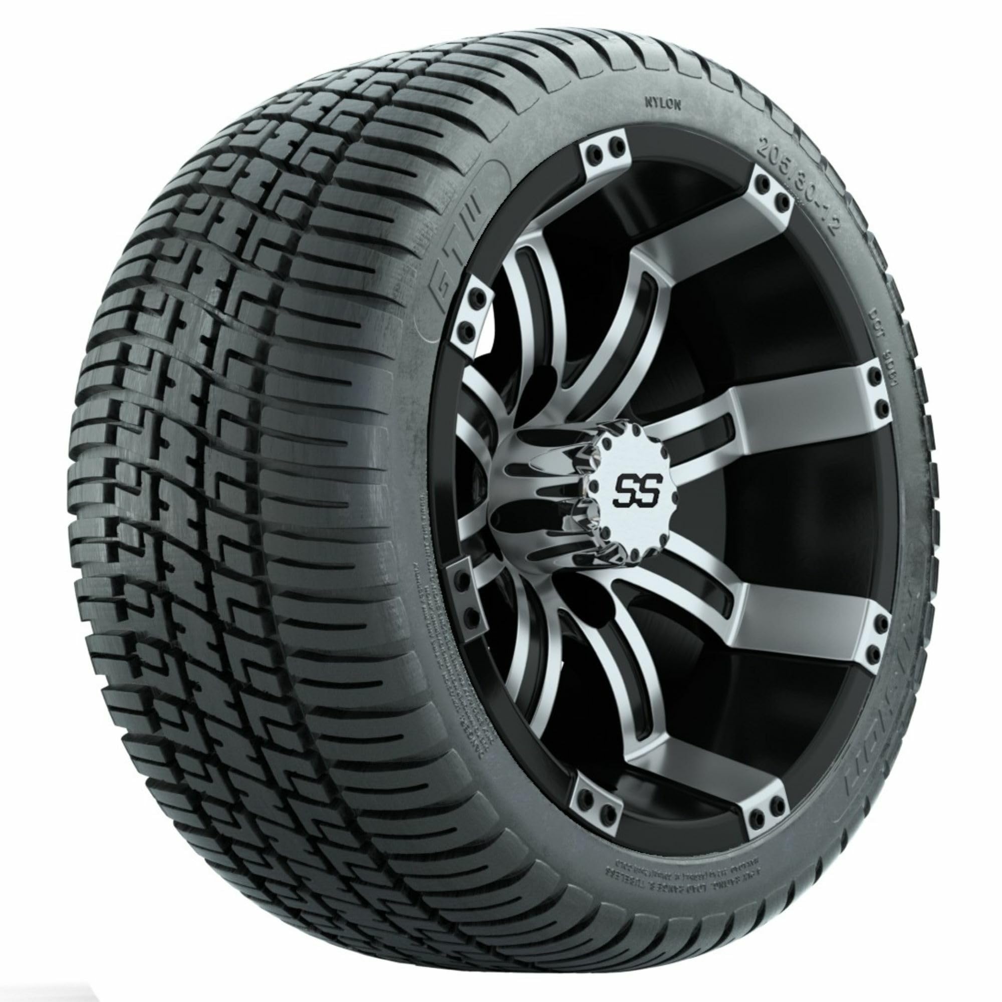 GTW Tempest 12 Inch Golf Cart Wheels with 205/30-12 Fusion Low Profile Street Tires - Machined & Black Wheels (Set of 4) - Perfect for Street Legal Golf Carts, Neighborhood Cruisers & Custom Golf Cart Upgrades