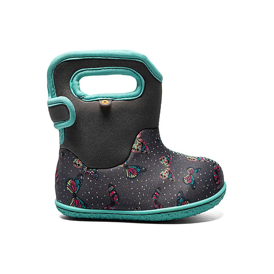 BOGS Dark Grey Multi Butterflies Baby Boots - Waterproof Winter Shoes for Toddlers & Kids - Perfect for Outdoor Play, Snow, and Rainy Days